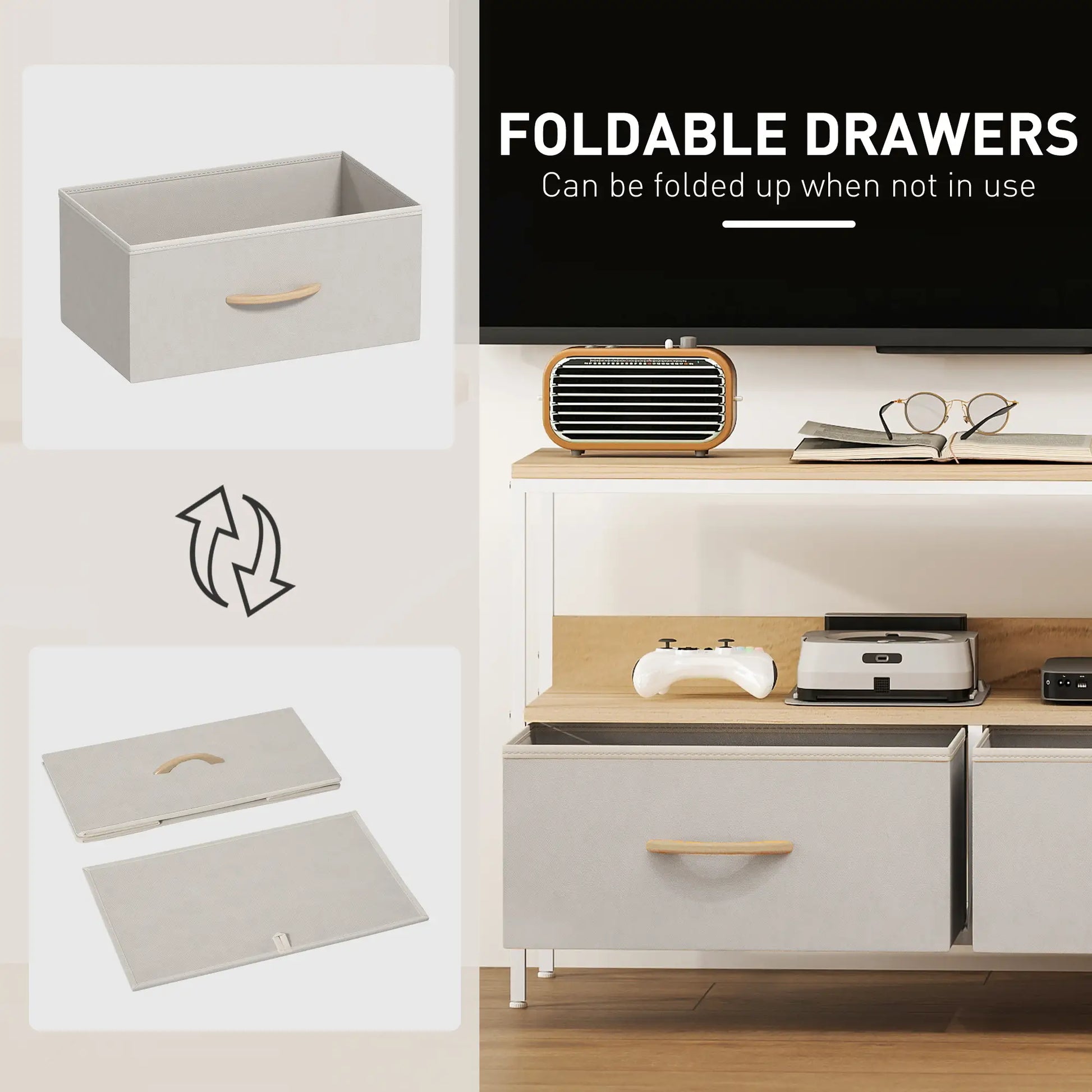 TV Stand With Charging Station, 2 Foldable Drawers, Open Shelf, 47 Inch, Oak TV Stands at Gallery Canada