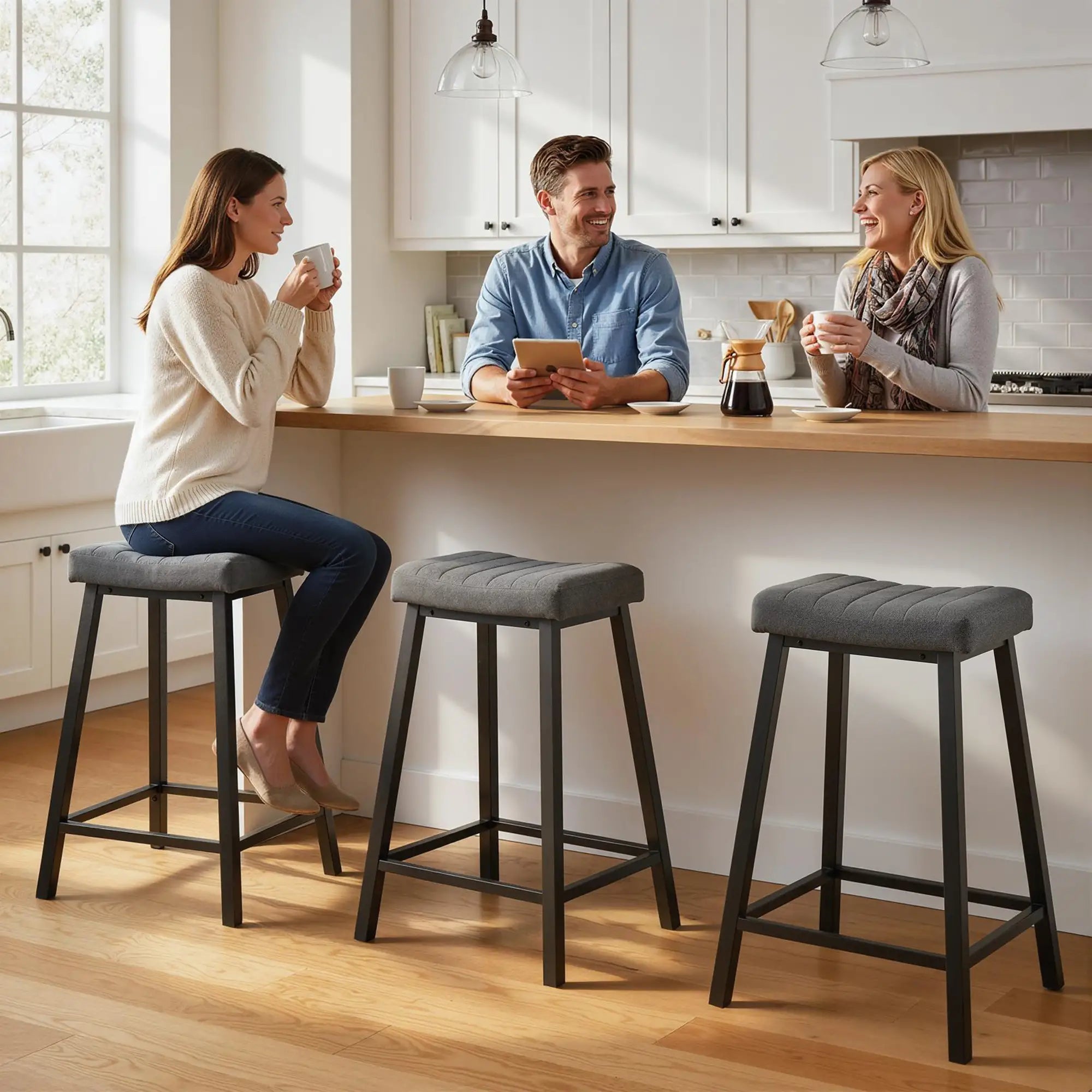 Set of 3 Velvet Bar Stools, Curved Seat with Footrest, Grey Bar Stools at Gallery Canada