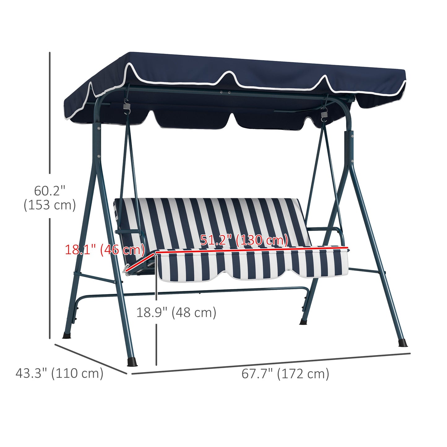 3-Seater Outdoor Porch Swing with Adjustable Canopy, Patio Swing Chair for Garden, Poolside, Backyard, Blue and White - Gallery Canada