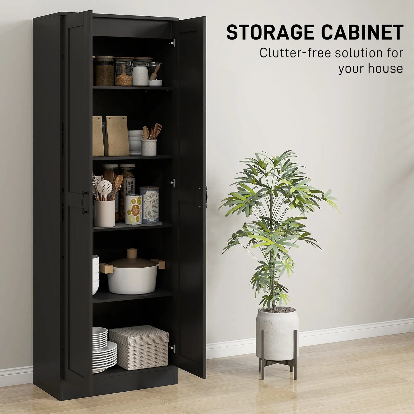 69" Tall Pantry Cabinet, Adjustable Shelves, Soft Close Doors, Black Kitchen Pantry Cabinets at Gallery Canada