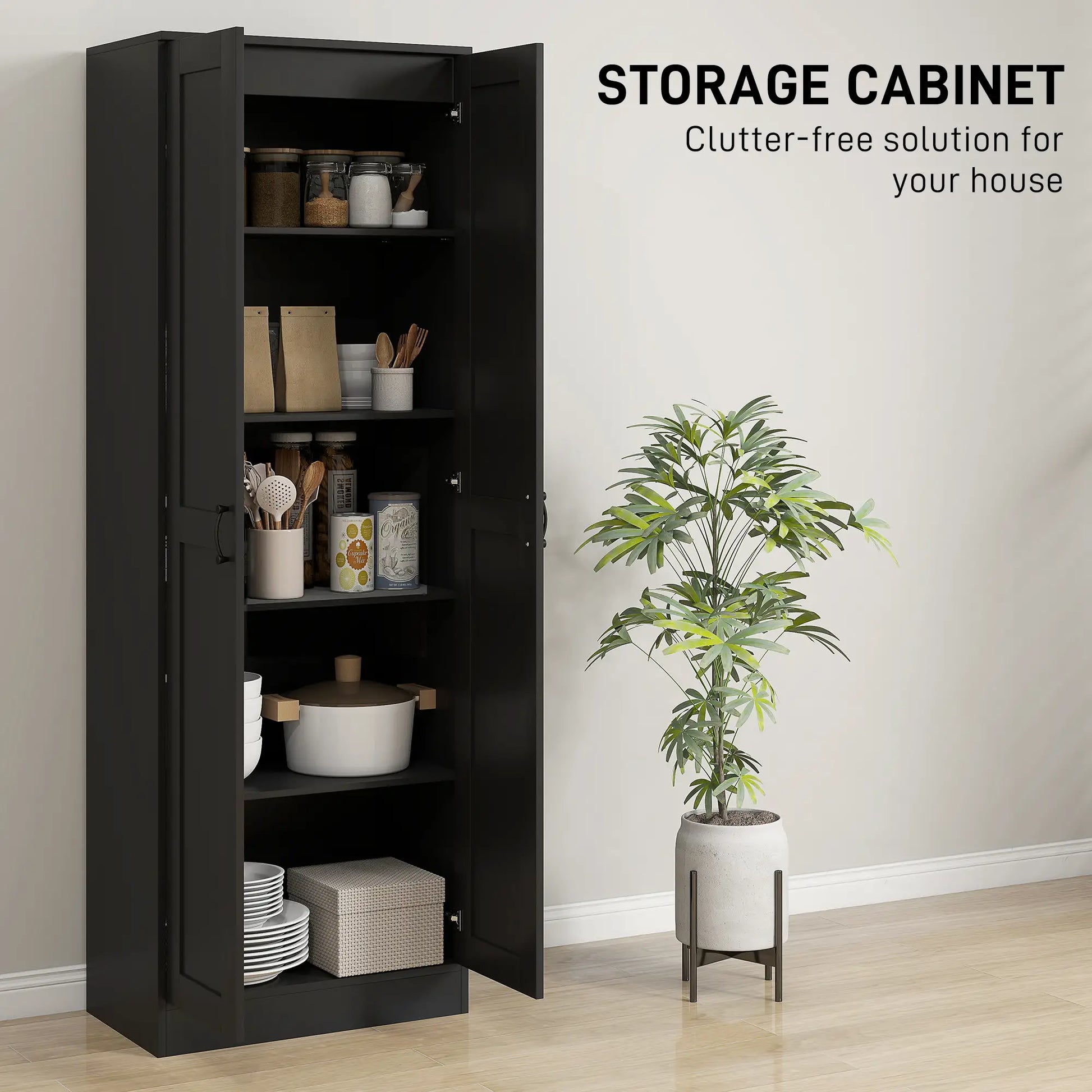69" Tall Pantry Cabinet, Adjustable Shelves, Soft Close Doors, Black Kitchen Pantry Cabinets at Gallery Canada