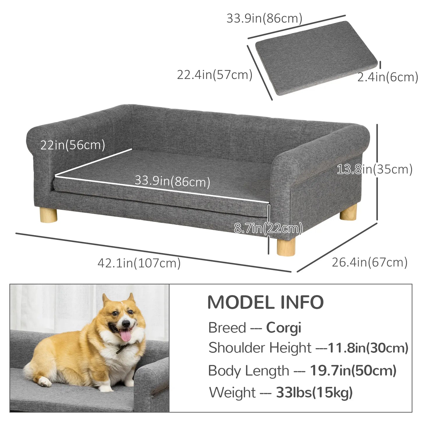 Modern Pet Sofa, Medium Large Dog Bed, Removable Cushion, Dark Grey Dog Sofas at Gallery Canada
