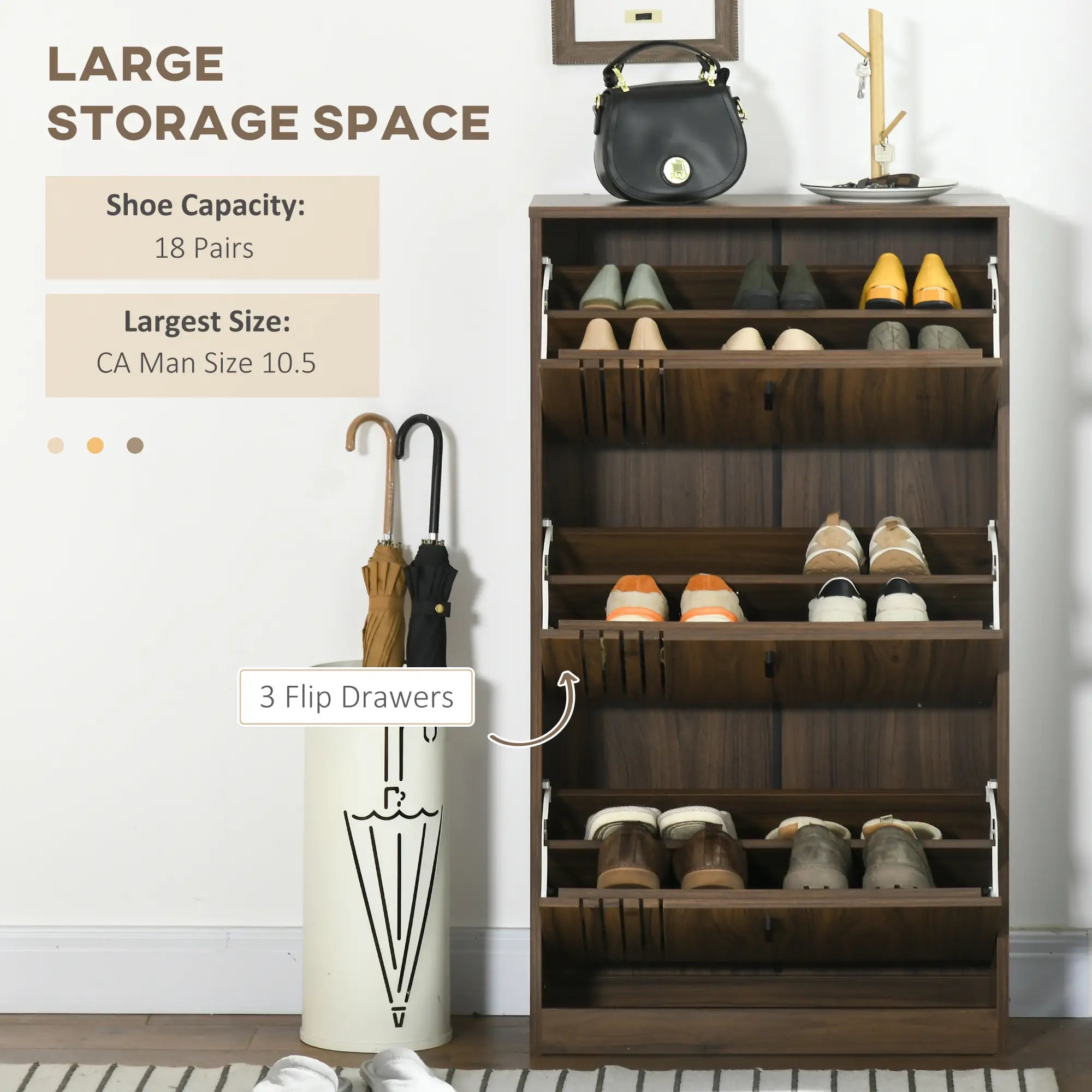 Shoe Storage Cabinet, 18 Pairs, 3 Flip Drawers, Adjustable Shelves, Walnut Shoe Storage Cabinets & Racks at Gallery Canada