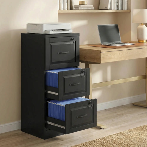 3 Drawer File Cabinet With Lock, Vertical Filing Cabinet, Black