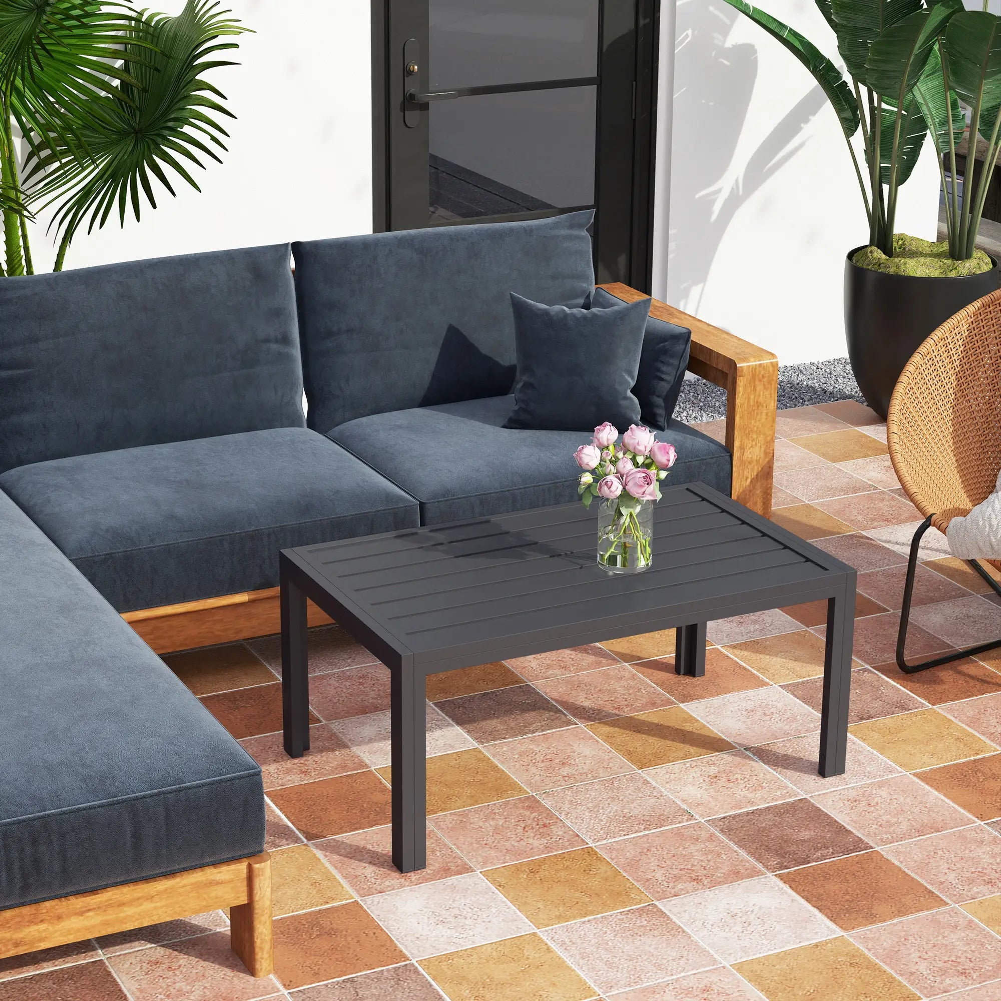 Outdoor Coffee Table, Rectangular, Steel Frame, Slat Tabletop, Grey Patio Side Tables at Gallery Canada