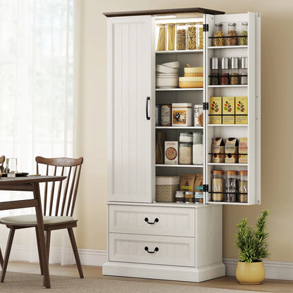 72" LED Kitchen Pantry Cabinet, 10 Door Shelves, 2 Drawers, White Kitchen Pantry Cabinets at Gallery Canada