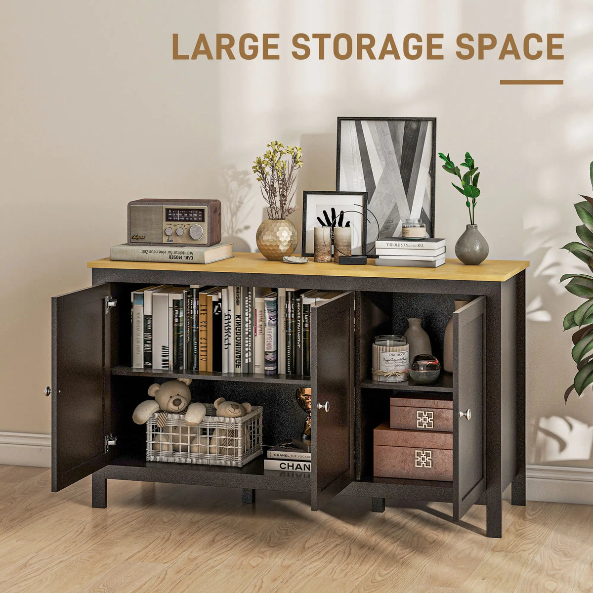 Sideboard, Buffet Cabinet with Doors, Adjustable Shelves, Natural, Black Kitchen Pantry Cabinets at Gallery Canada