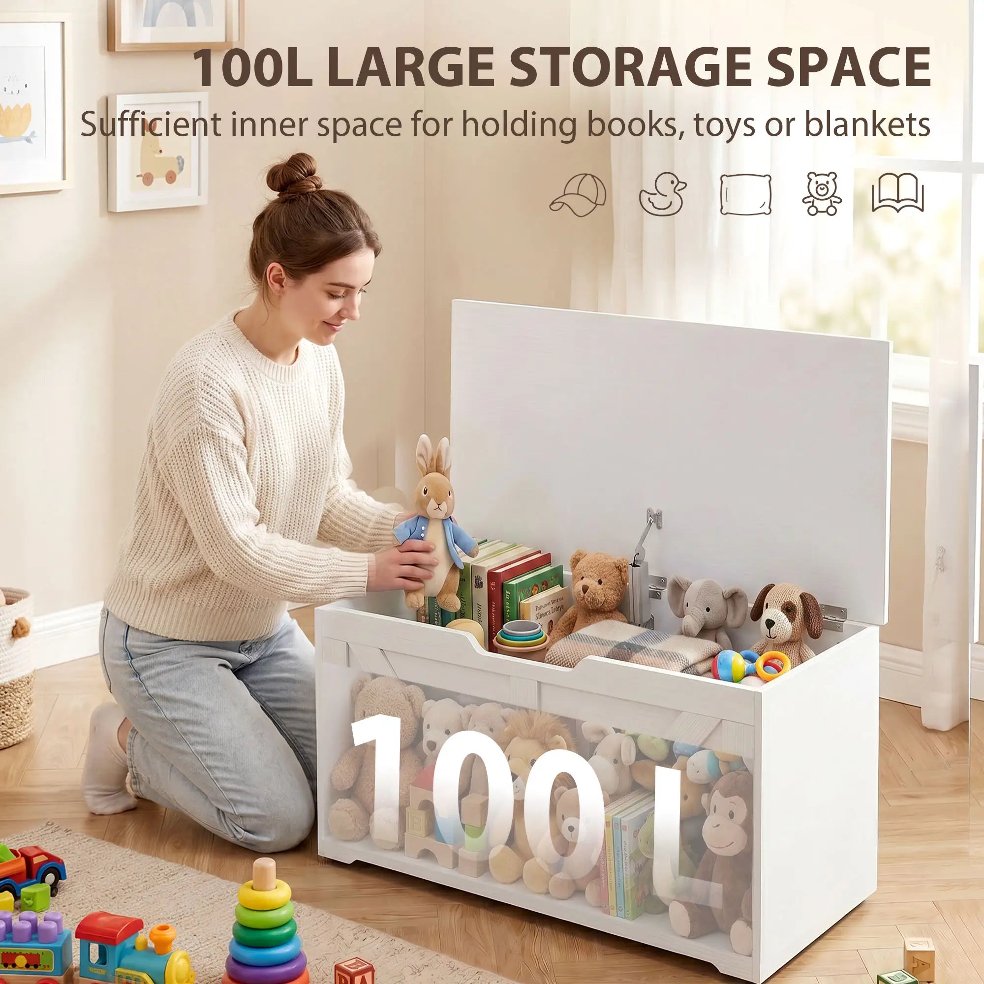 31.5 Inches Storage Chest with Safety Hinge, Wood Grain, White Storage Ottomans & Benches at Gallery Canada