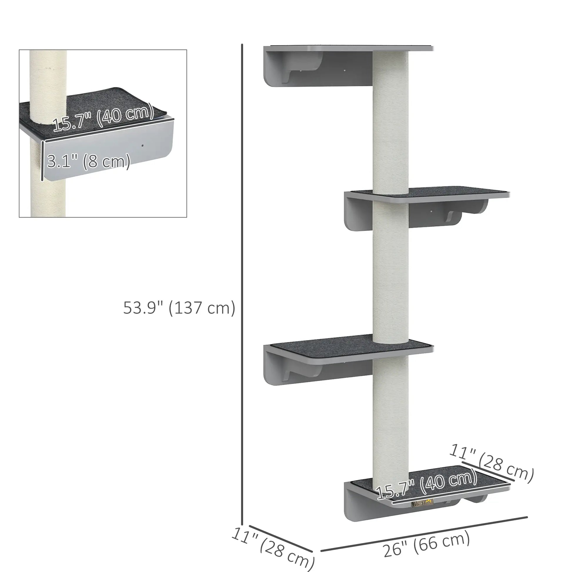 Wall-Mounted Cat Shelf, 4 Platforms, 3 Scratching Posts, Light Grey Cat Climbing Wall at Gallery Canada
