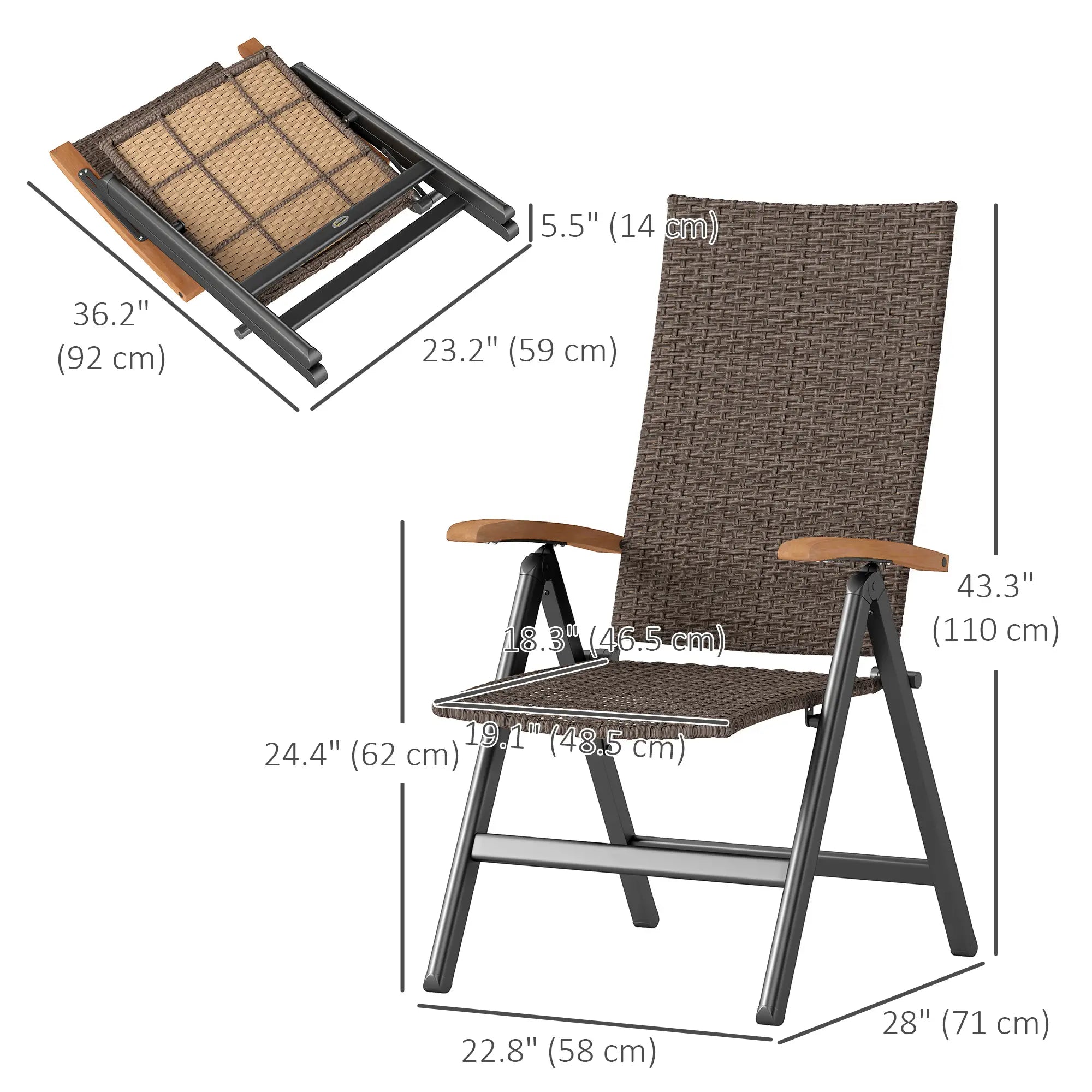 Folding Wicker Patio Dining Chair, 5-Level Reclining, Wooden Armrests, Brown Patio Chairs at Gallery Canada