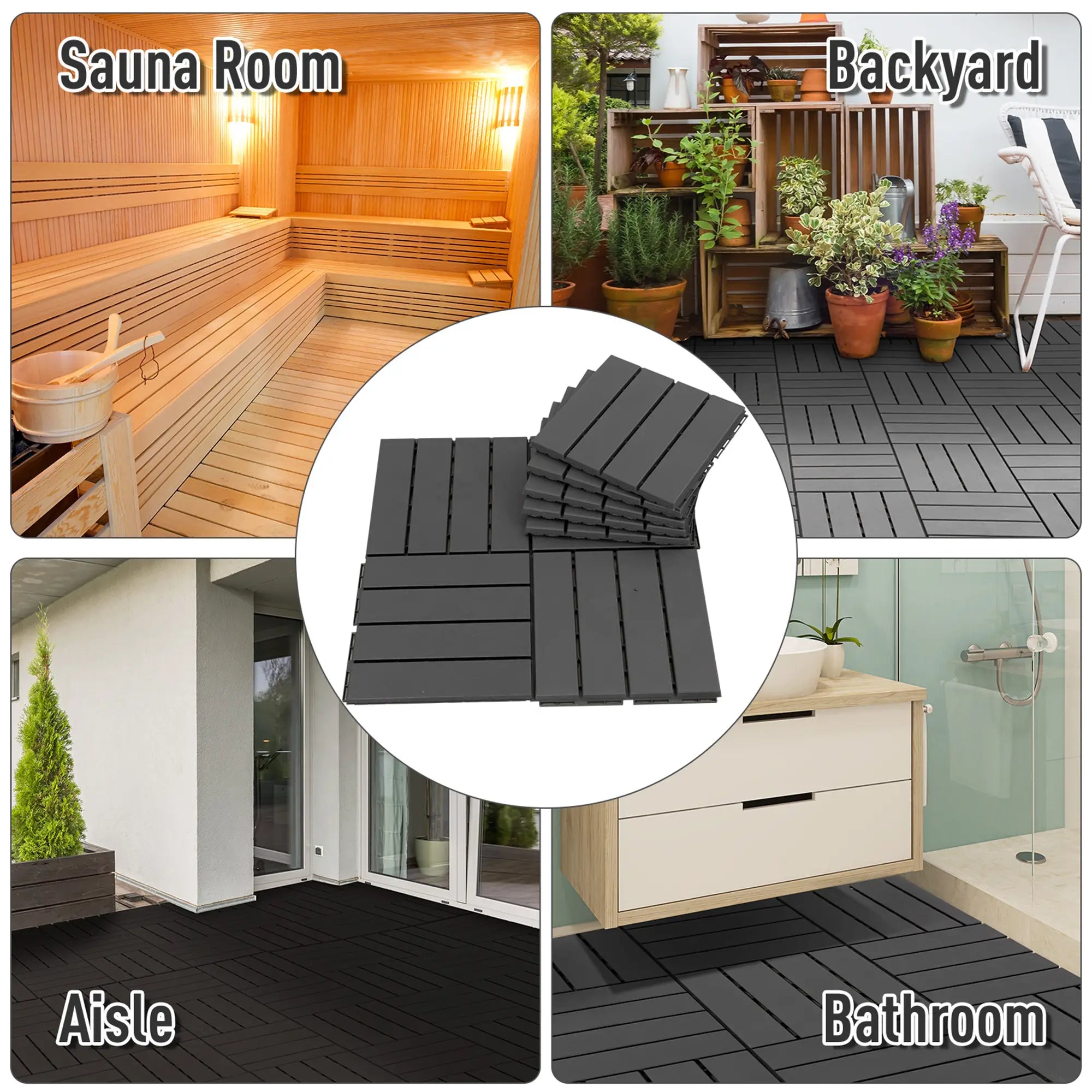 9 Pcs PP Interlocking Deck Tile, 12 x 12, Indoor Outdoor, Black Deck Tiles at Gallery Canada