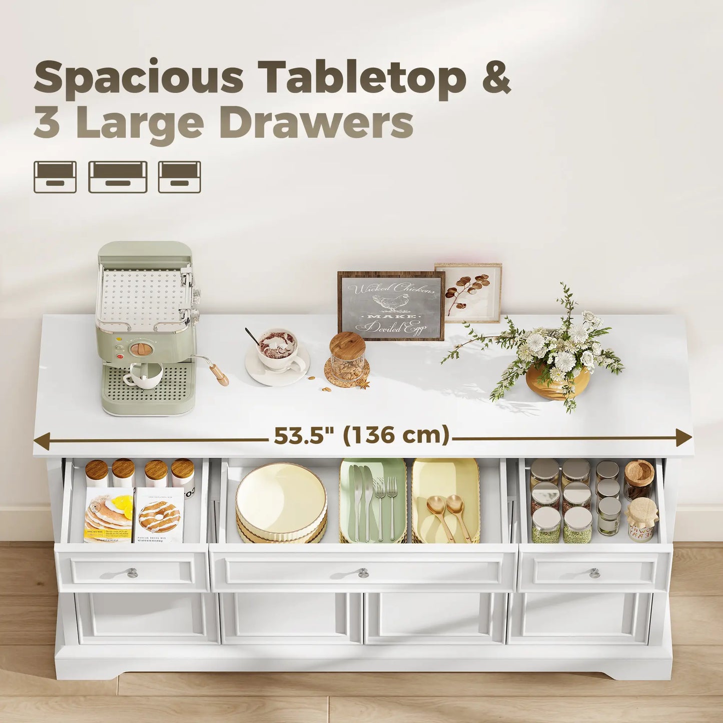 54" Sideboard Buffet Cabinet, Soft-Close Doors, 3 Drawers, White Bar Cabinets at Gallery Canada