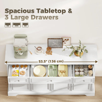 54" Sideboard Buffet Cabinet, Soft-Close Doors, 3 Drawers, White Bar Cabinets at Gallery Canada