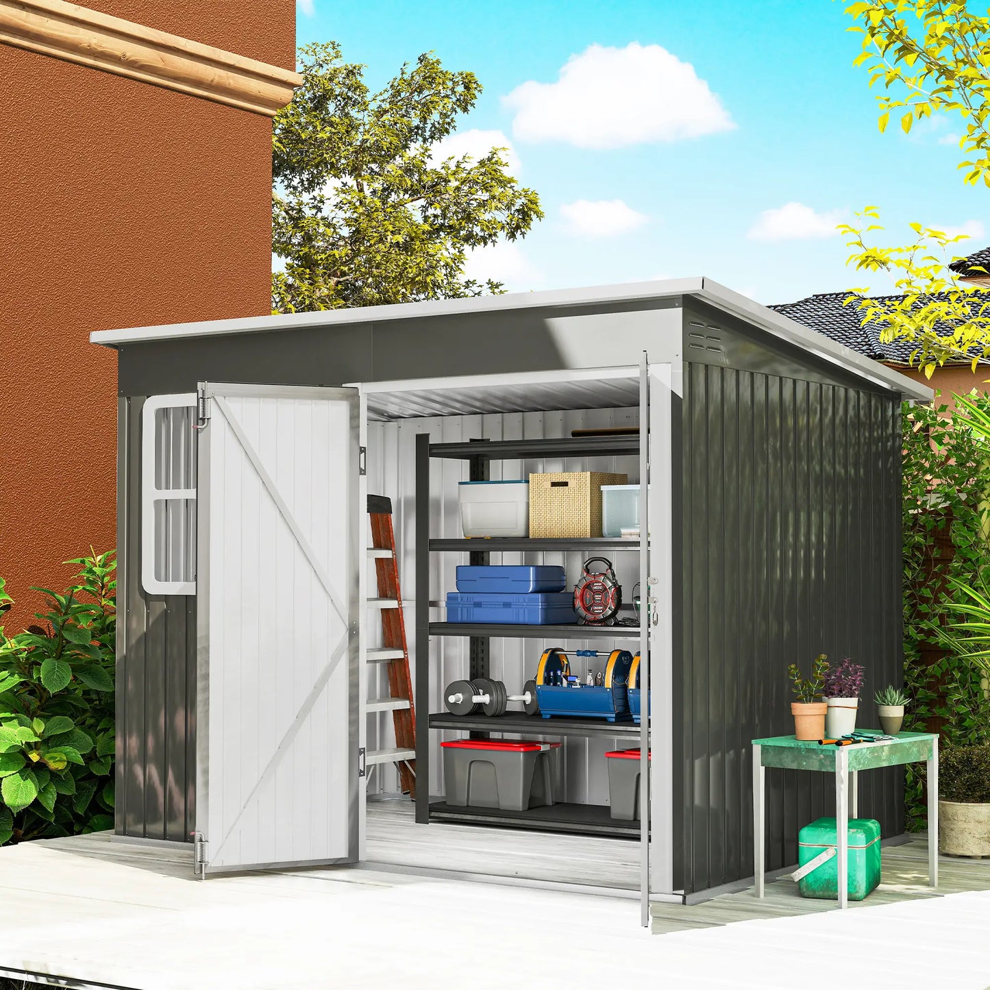 8.5' x 6' Galvanised Steel Outdoor Storage Shed, Garden Shed, Grey