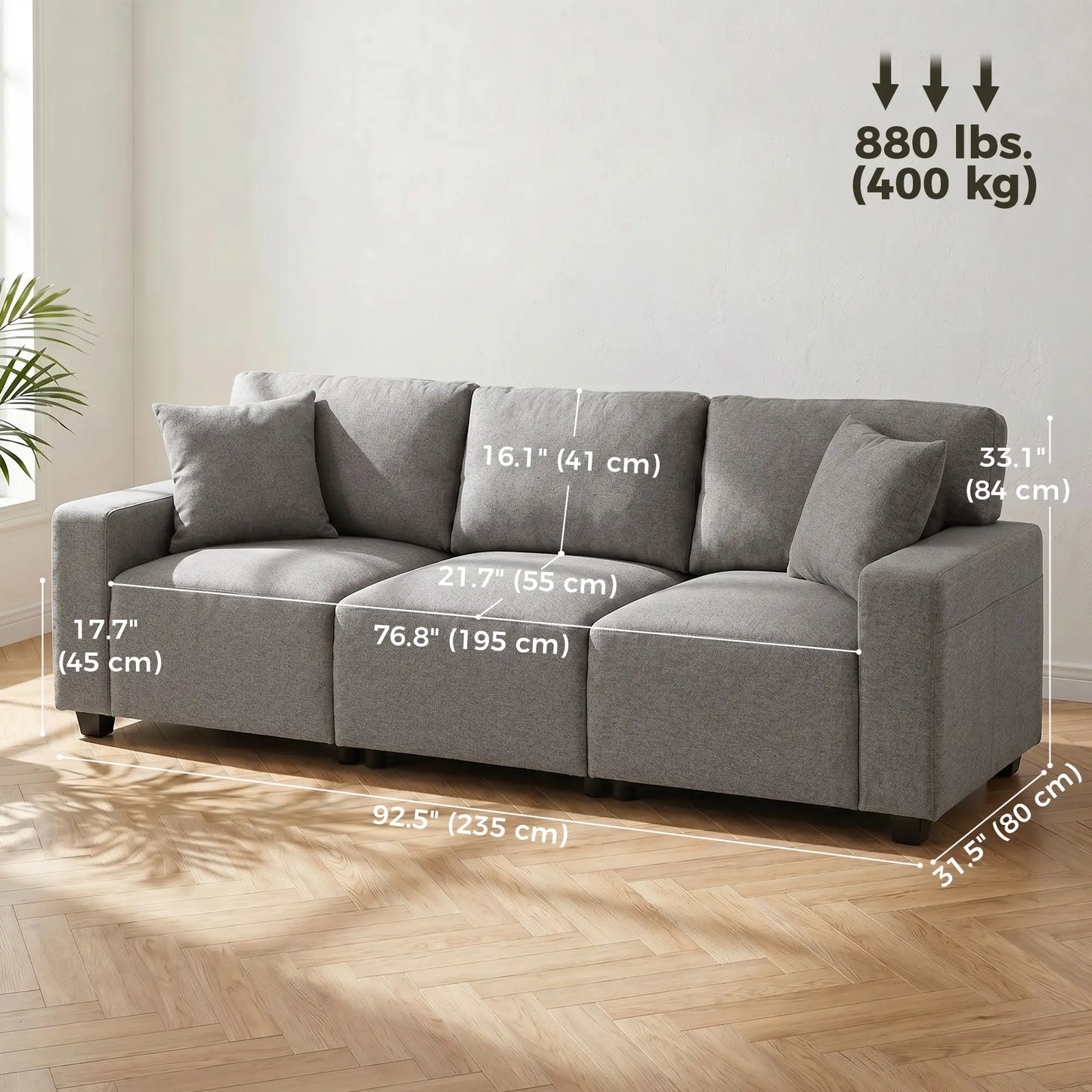 3-Seater Sofa With Storage Pockets, Grey