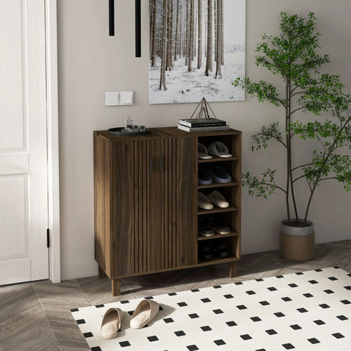 Double Door Shoe Storage, Open Shelves, 17 Pair, Walnut