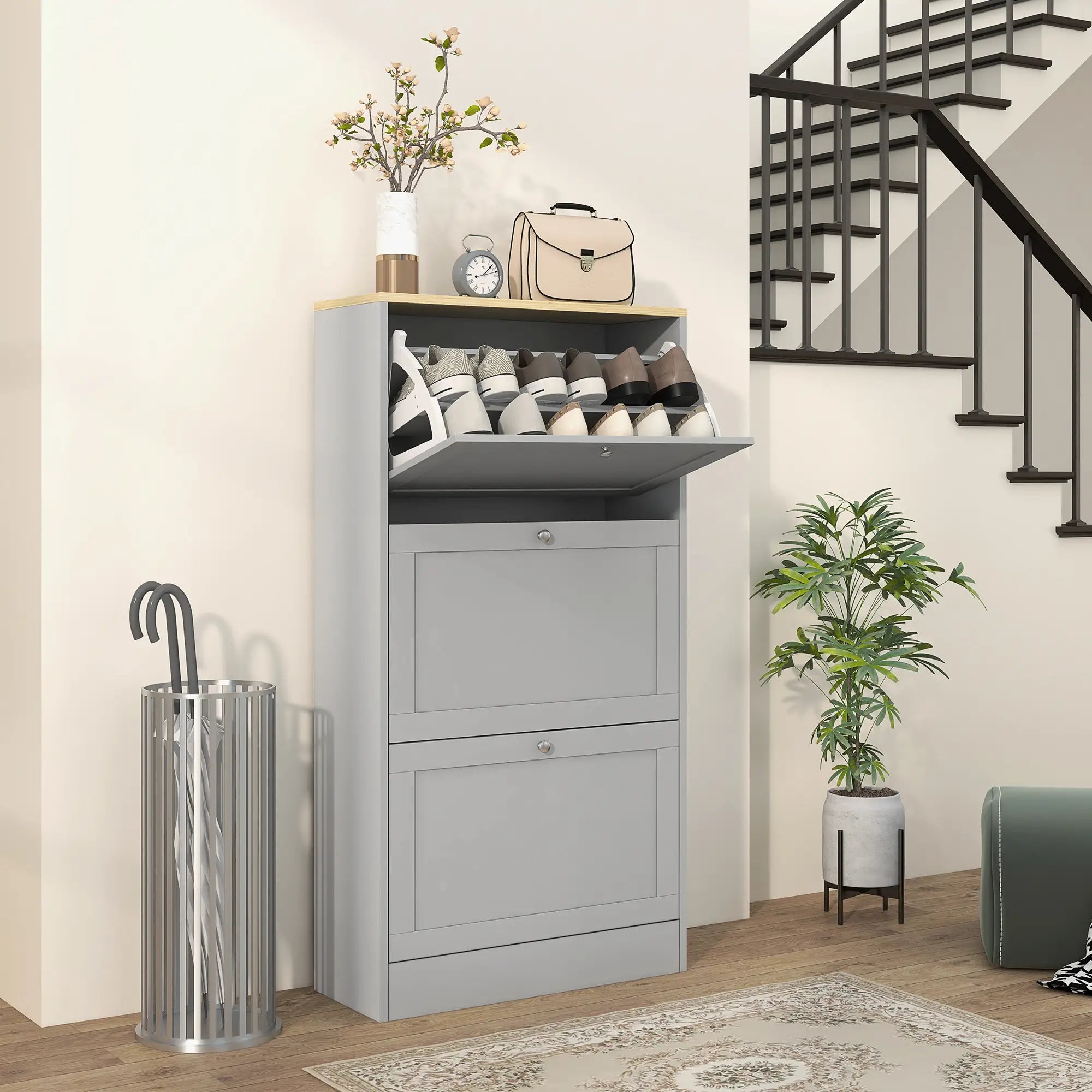 Modern Shoe Storage, 3 Flip Drawers, Adjustable Shelves, 18 Pairs, Grey Shoe Storage Cabinets & Racks at Gallery Canada