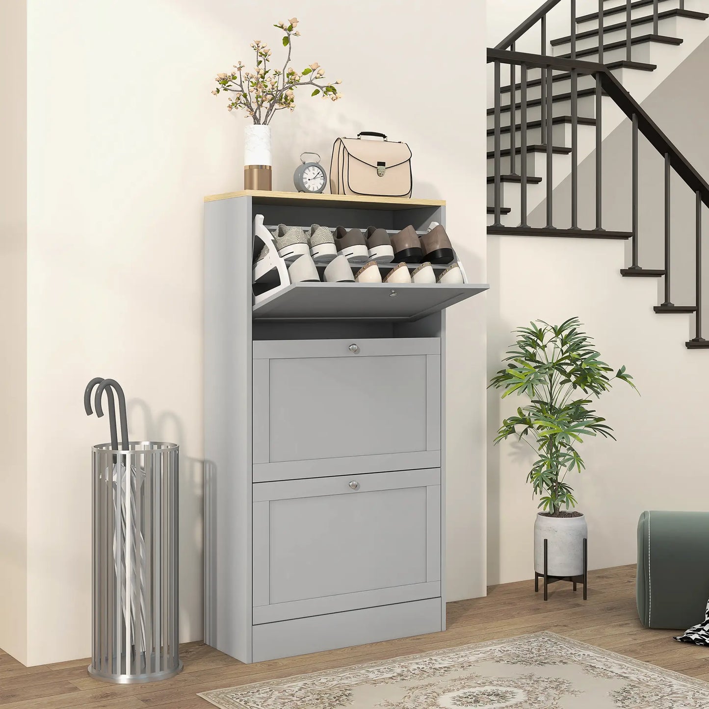 Modern Shoe Storage, 3 Flip Drawers, Adjustable Shelves, 18 Pairs, Grey Shoe Storage Cabinets & Racks at Gallery Canada