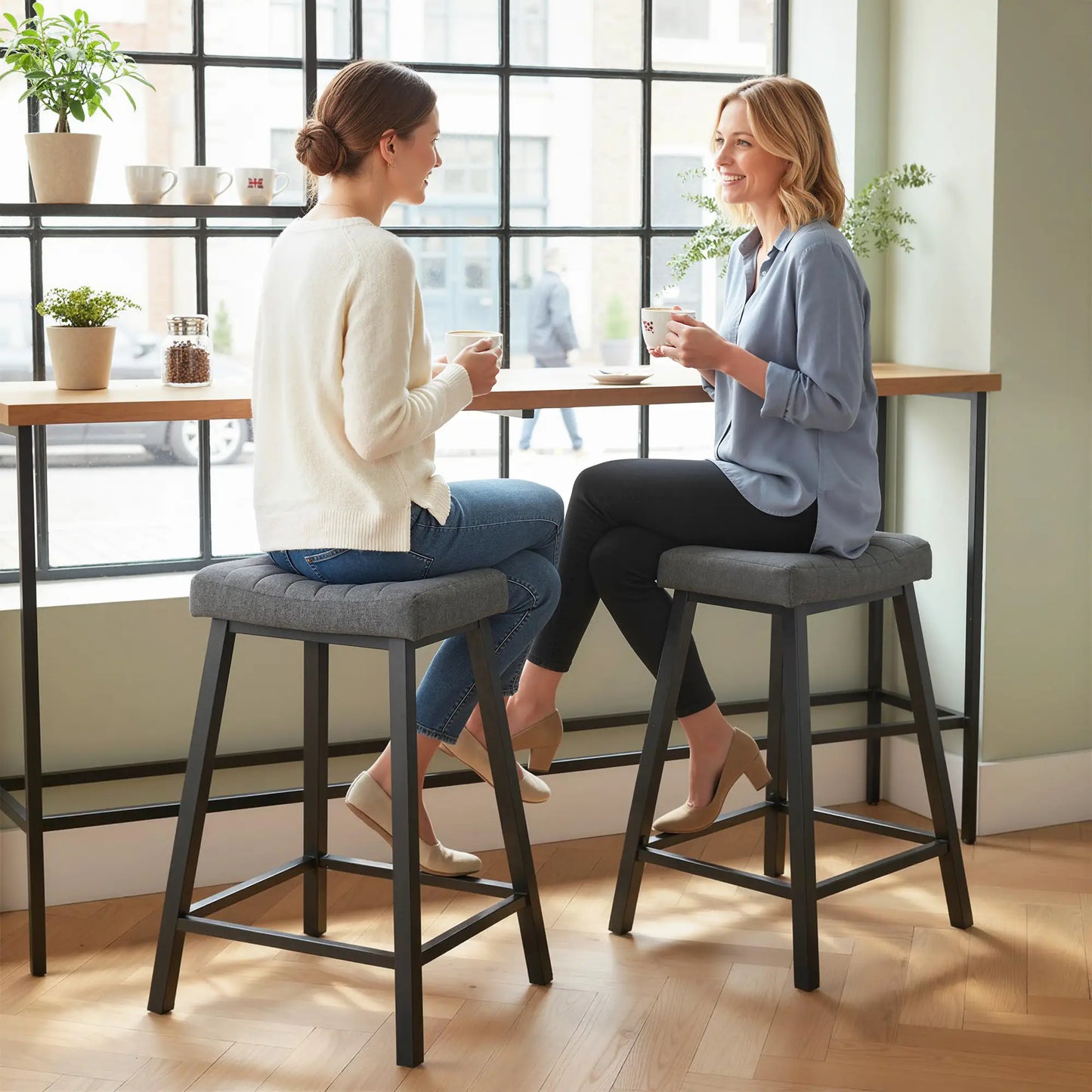 Set of 2 Velvet Bar Stools, Curved Seat with Footrest, Grey Bar Stools at Gallery Canada