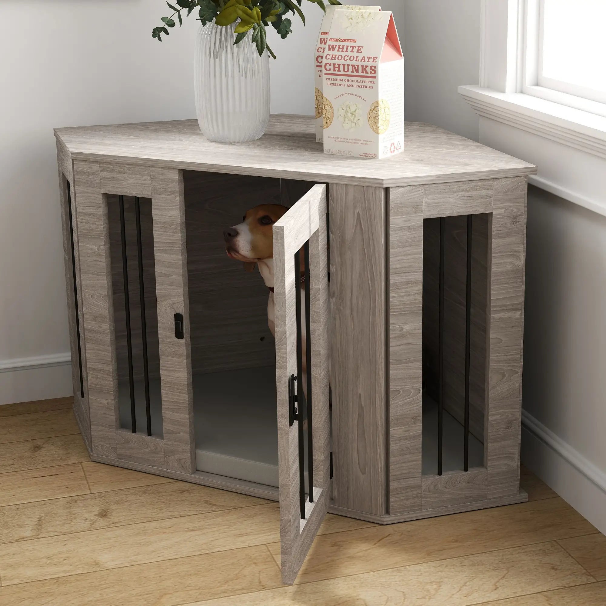 Dog Crate Furniture with Cushion, 41 Inch, Corner Design End Table, Grey Houses, Kennels & Pens at Gallery Canada