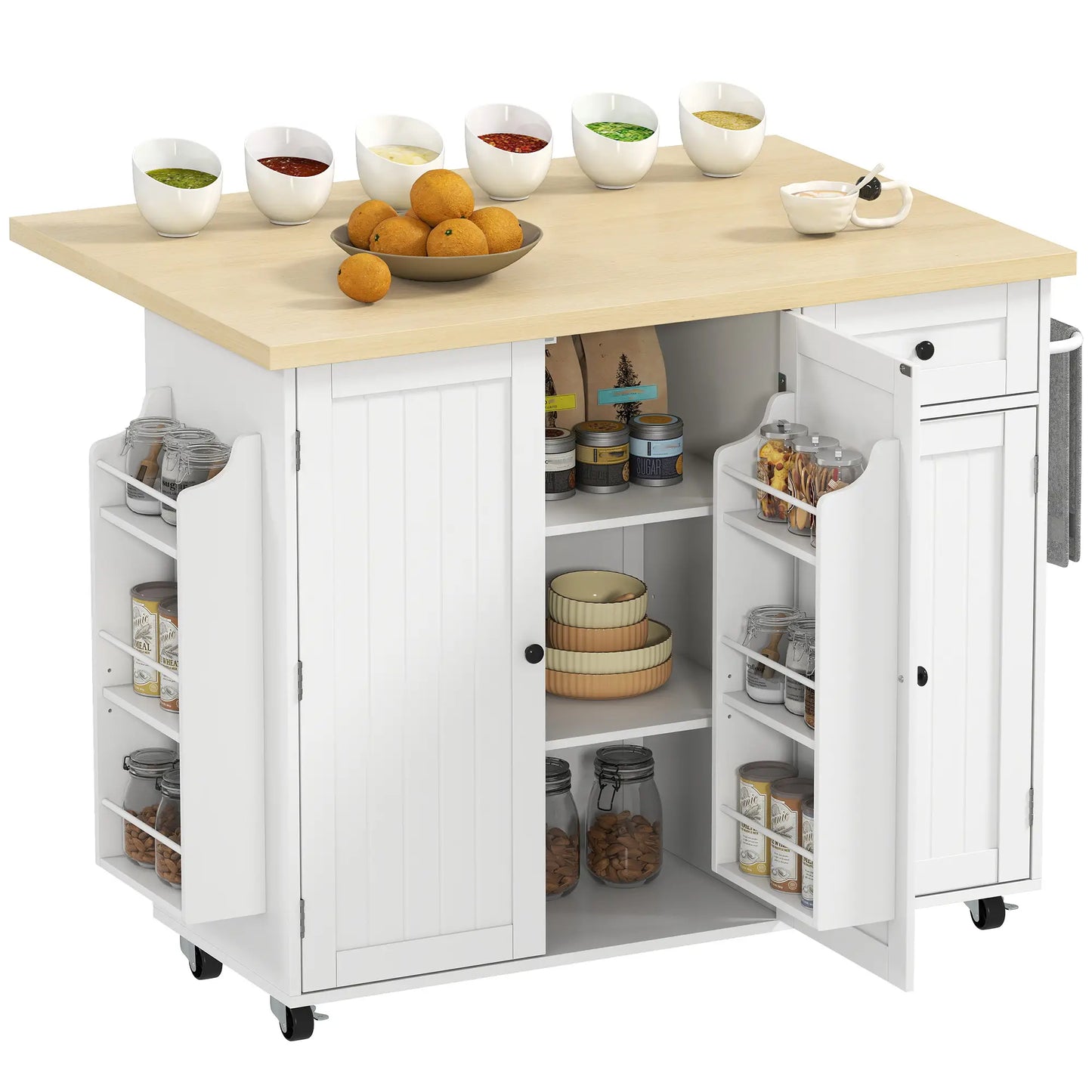 Kitchen Island Cart, Rolling Table with Drop Leaf, Drawer, Spice Rack, White Kitchen Islands & Kitchen Carts at Gallery Canada
