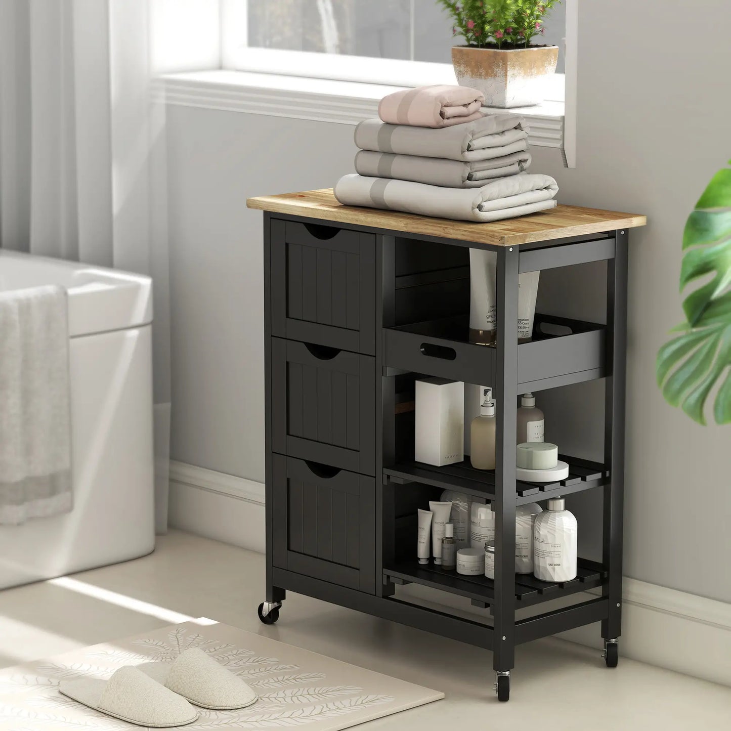 Kitchen Cart on Wheels, Wood Top, 3 Drawers, Shelves, Black Kitchen Islands & Kitchen Carts at Gallery Canada