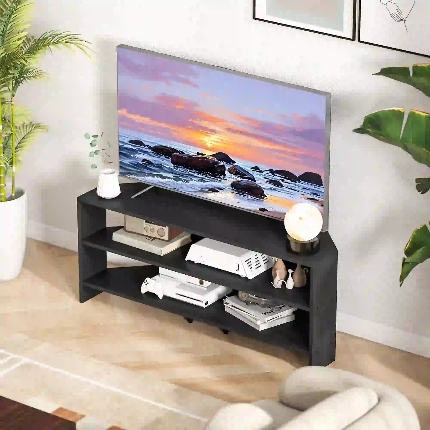Corner TV Stand, 47 Inch, Modern Table With 2 Shelves, Black TV Stands at Gallery Canada
