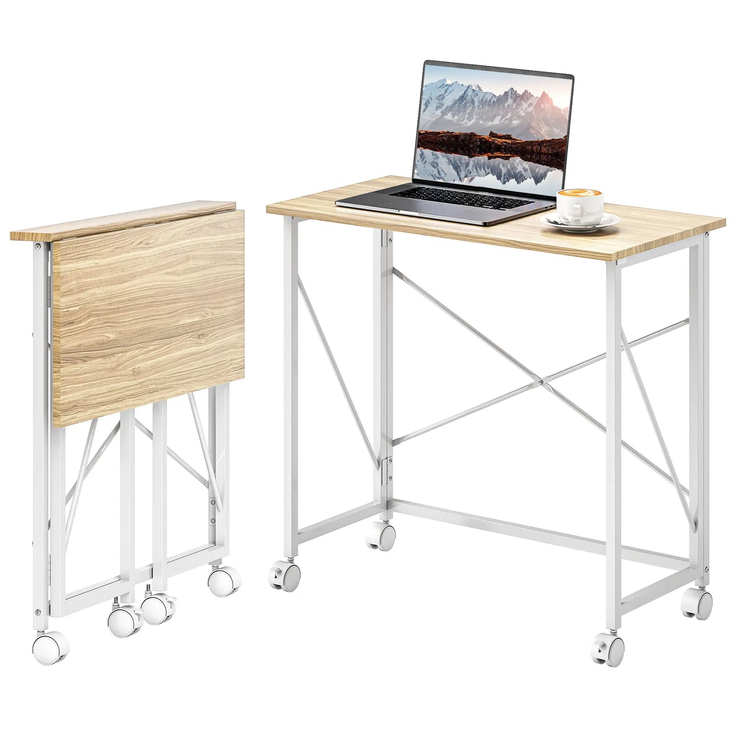 31.5" Folding Desk With Wheels, Home Office Desk, Natural Wood, Natural Wood