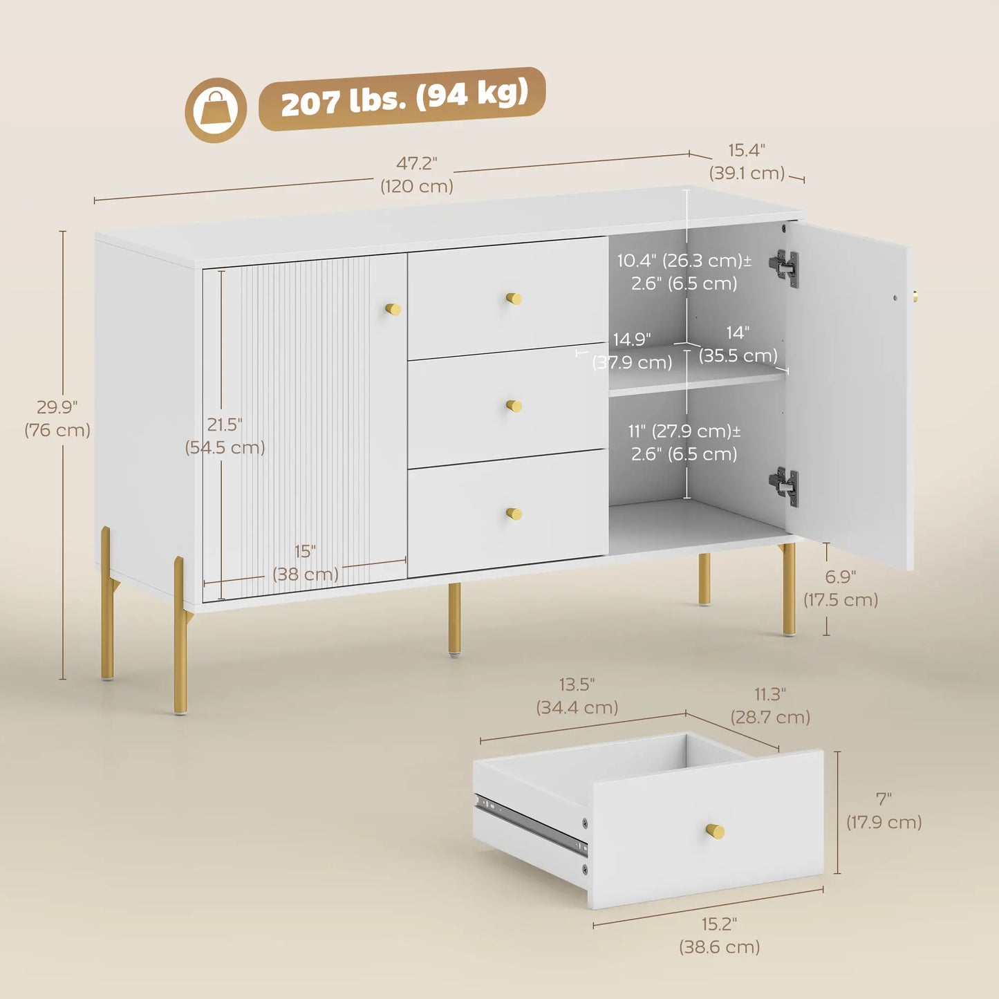 Buffet Cabinet, Modern Sideboard with 3 Drawers and 2 Shelves, White Storage Cabinets at Gallery Canada