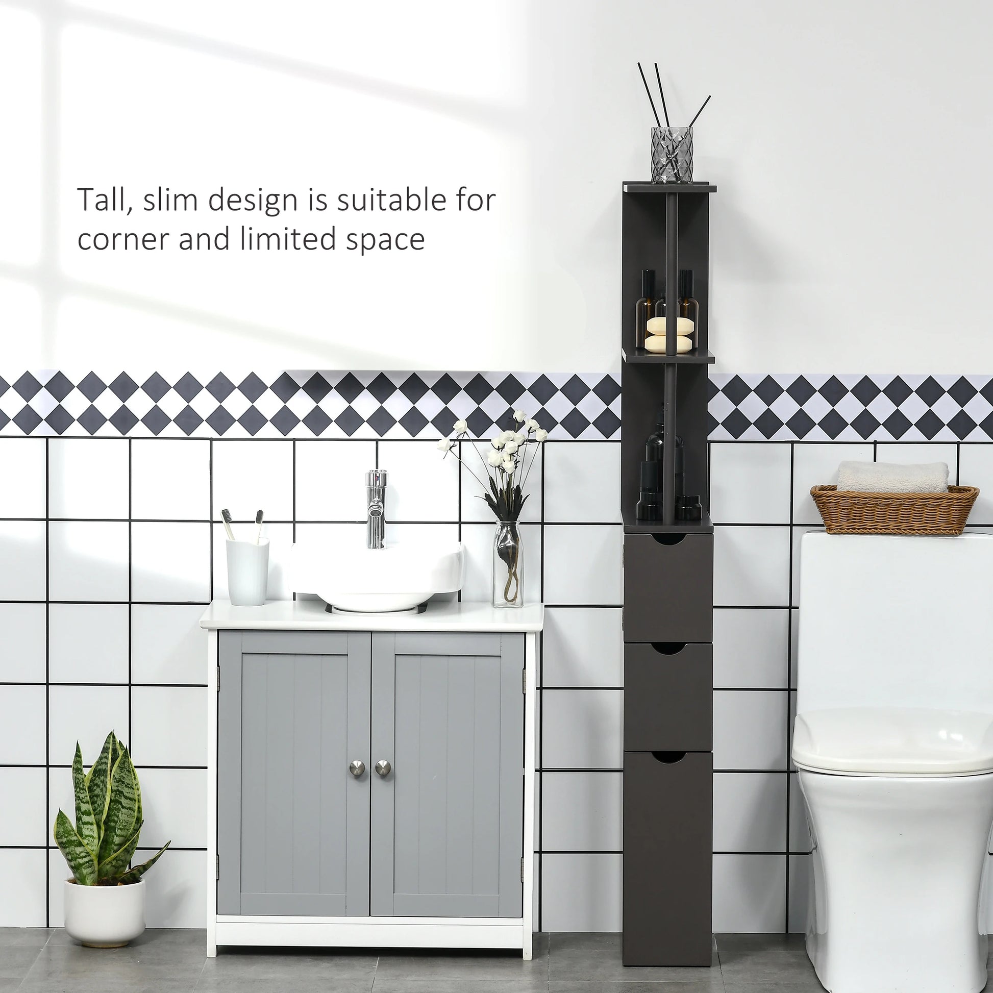 Tall Narrow Bathroom Storage Cabinet with Drawers, Open Shelves, Brown Bathroom Cabinets at Gallery Canada