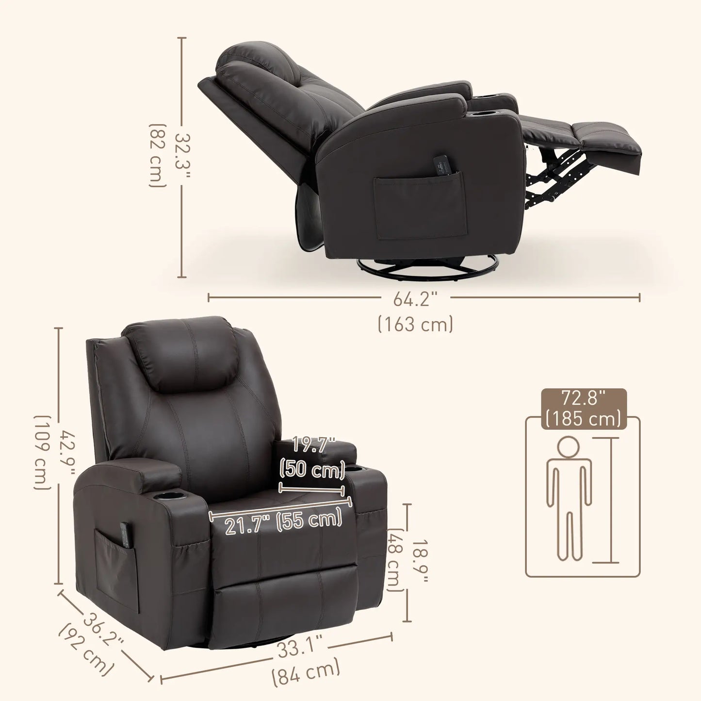 Massage Recliner Chair, Swivel Rocker, 8 Vibration Points, PU Leather, Brown Single Sofas at Gallery Canada