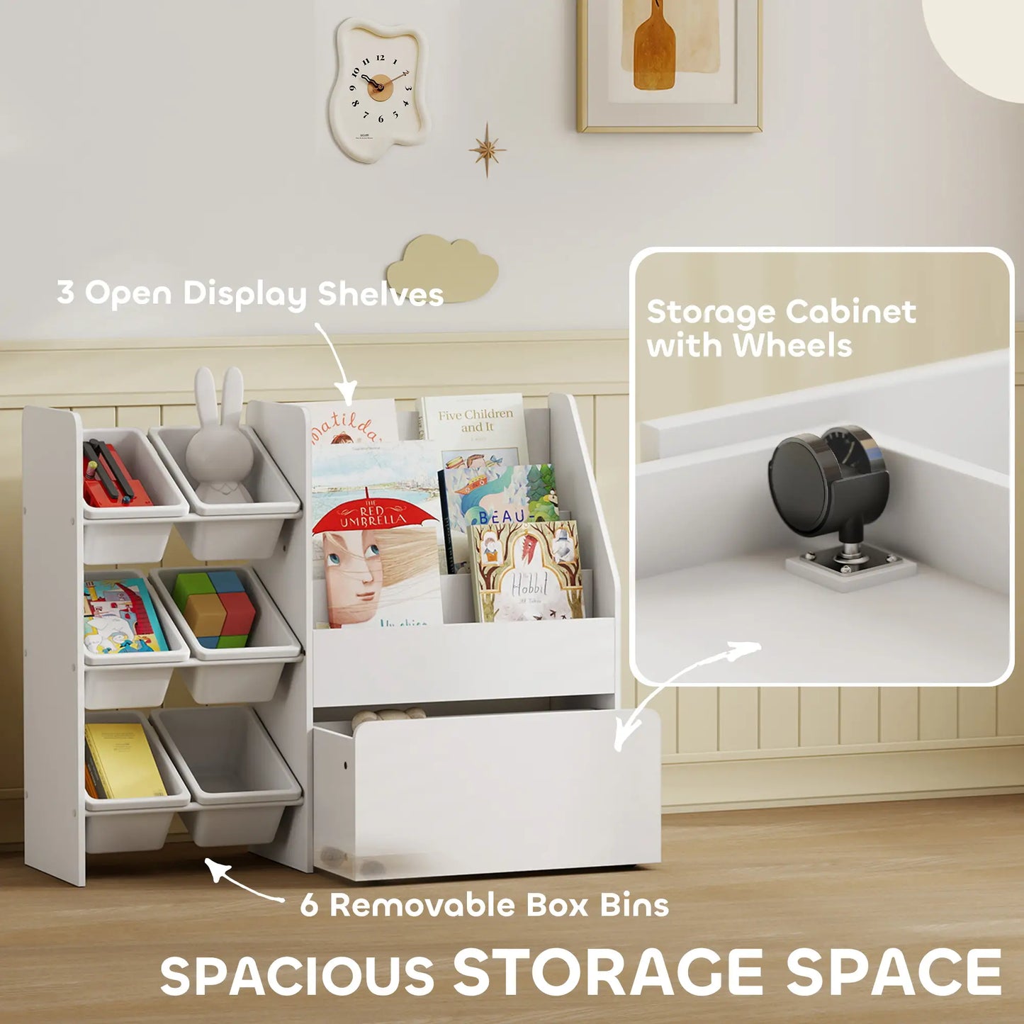 Kids Bookshelf Toy Storage, 3 Tier Bookcase 6 Removable Bins, White Baby & Kids Storage at Gallery Canada