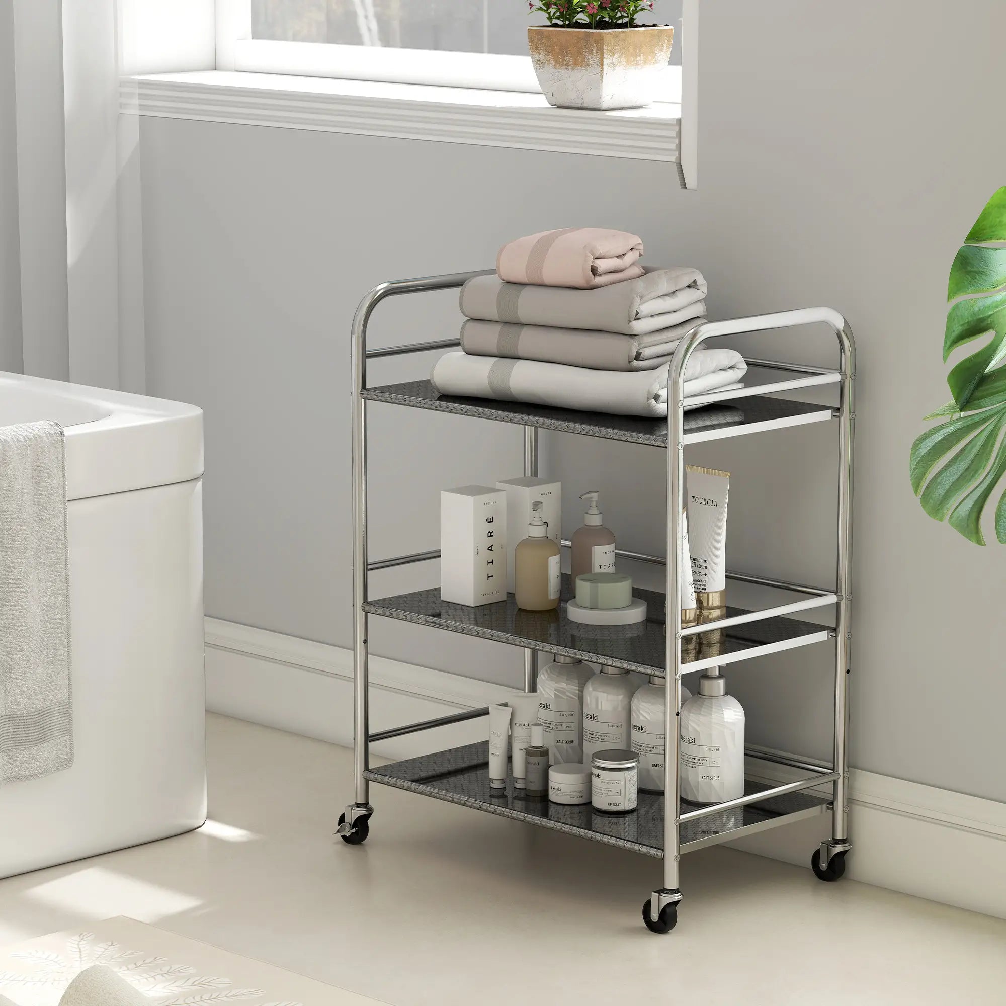 3 Tier Stainless Steel Rolling Cart, Adjustable Shelf, Wheels, Silver Kitchen Islands & Kitchen Carts at Gallery Canada