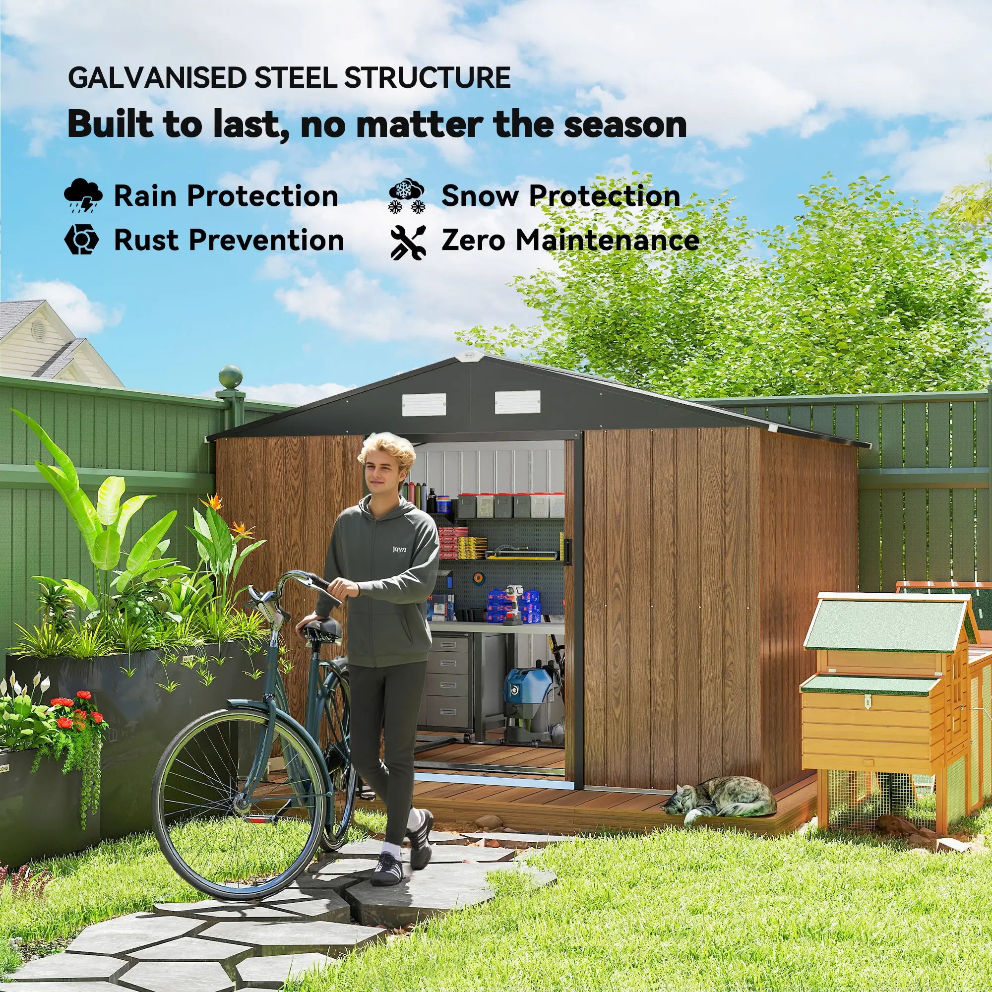 9.1'x6.4'x6.3' Garden Storage Shed, Lockable Double Doors, Vents, Teak Sheds at Gallery Canada