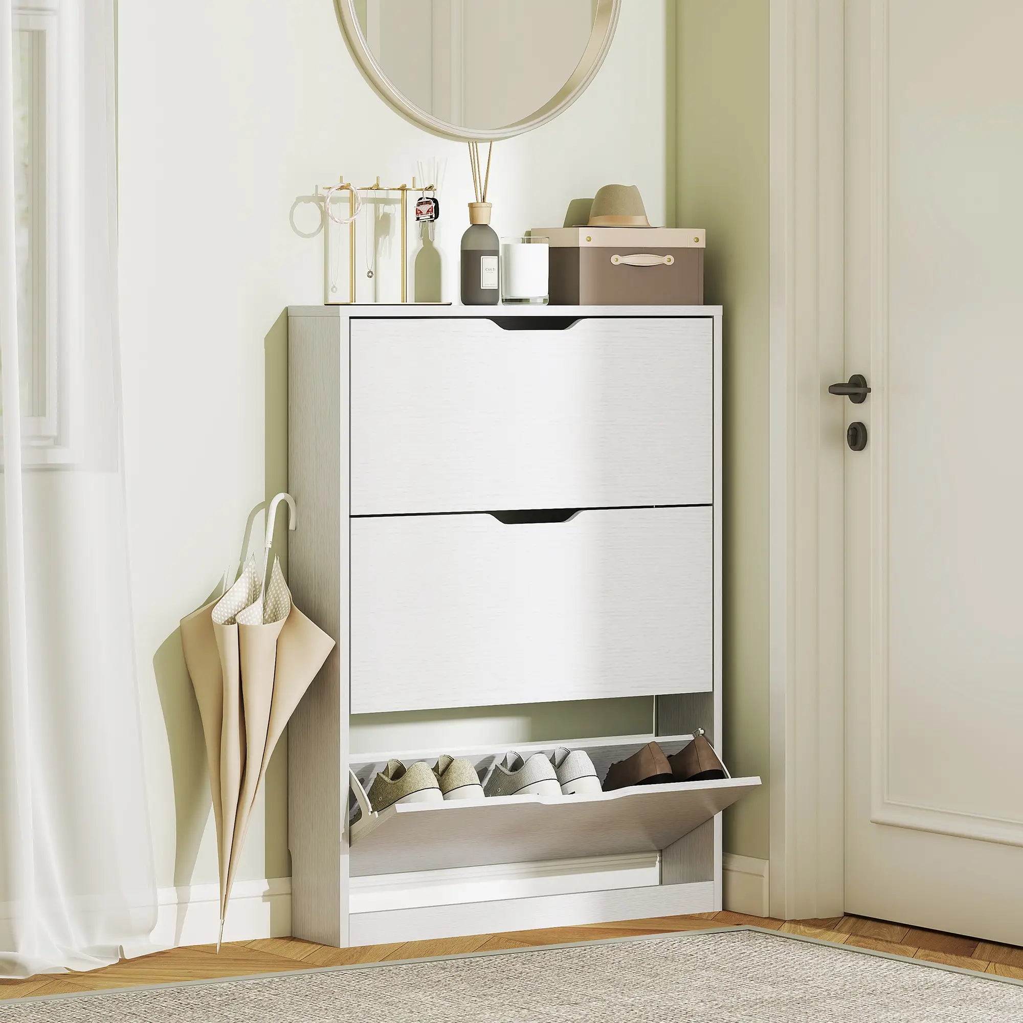 Narrow Shoe Cabinet 3 Flip Drawers, 31.5