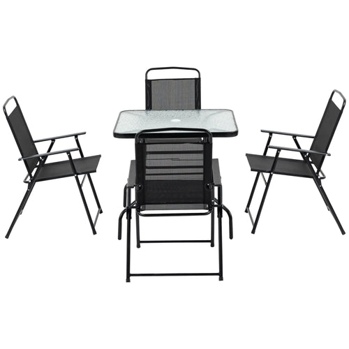5-Piece Patio Dining Set, 4 Folding Chairs, Glass Tabletop, Black