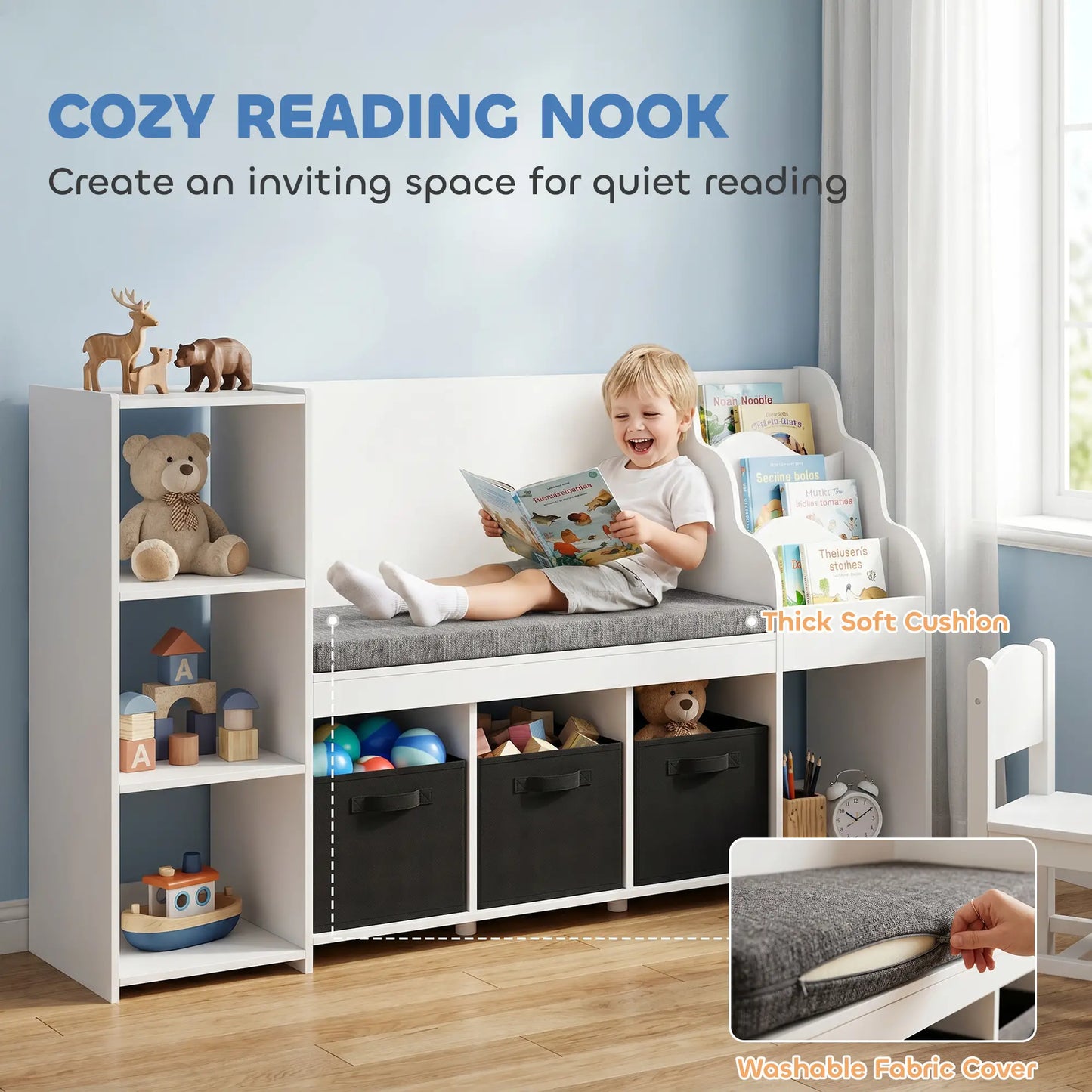 Kids Storage Shelf With Reading Nook, Toy Organizer, 3 Fabric Drawers, undefined Baby & Kids Storage at Gallery Canada