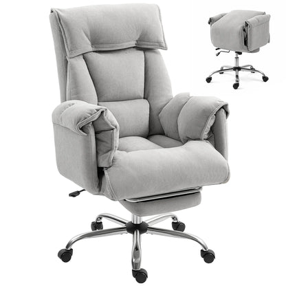 High Back Office Chair, Reclining with Footrest, High Resilience Foam, Swivel Wheels, Light Grey