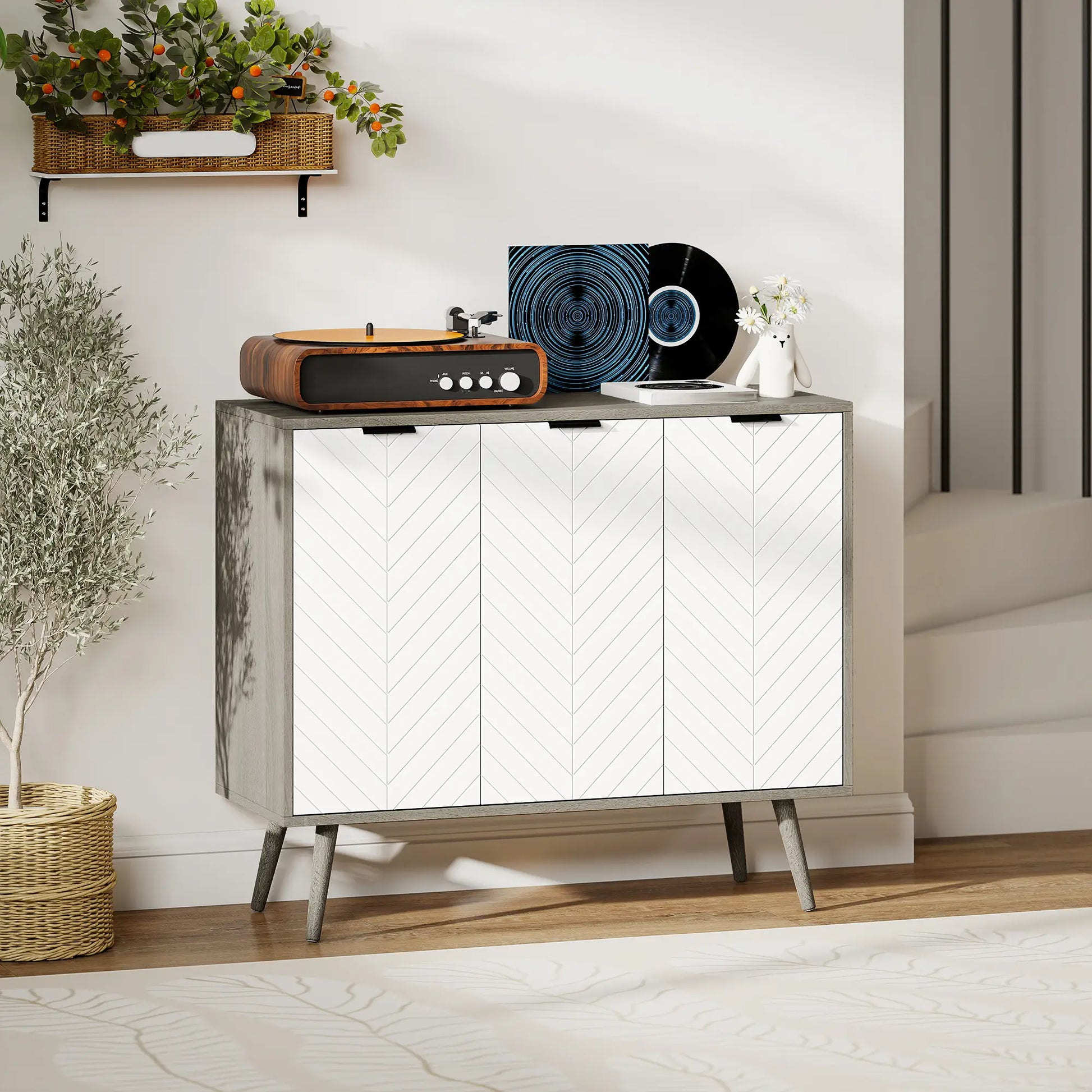 Modern Sideboard Buffet, Dining Room Cabinet, Adjustable Shelves, 3 Doors, Grey Storage Cabinets at Gallery Canada