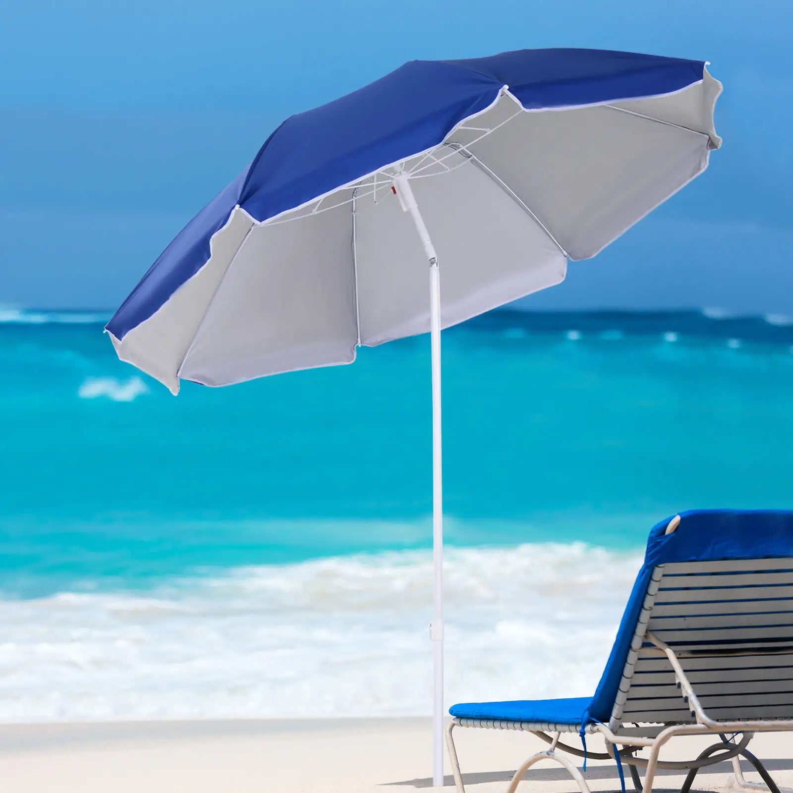 6.7ft Beach Umbrella, Push Button Tilt, Ruffled, Blue Beach Umbrellas at Gallery Canada