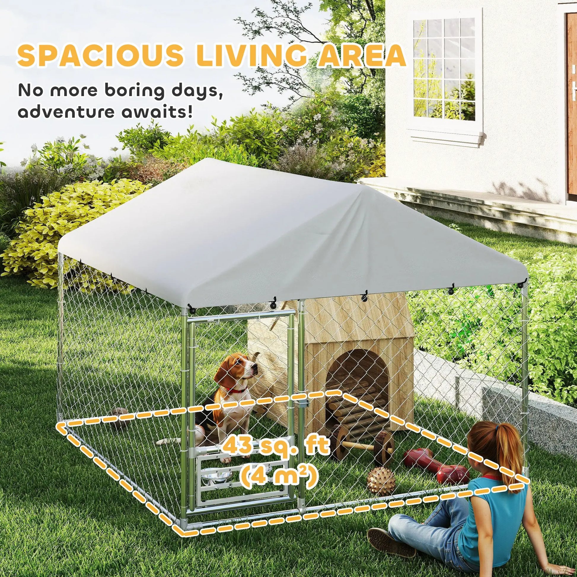 Outdoor Dog Run, Adjustable Rotating Bowls, Waterproof Cover, 6.6' x 6.6' x 5.1' Houses, Kennels & Pens at Gallery Canada