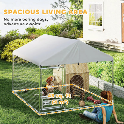 Outdoor Dog Run, Adjustable Rotating Bowls, Waterproof Cover, 6.6' x 6.6' x 5.1' Houses, Kennels & Pens at Gallery Canada