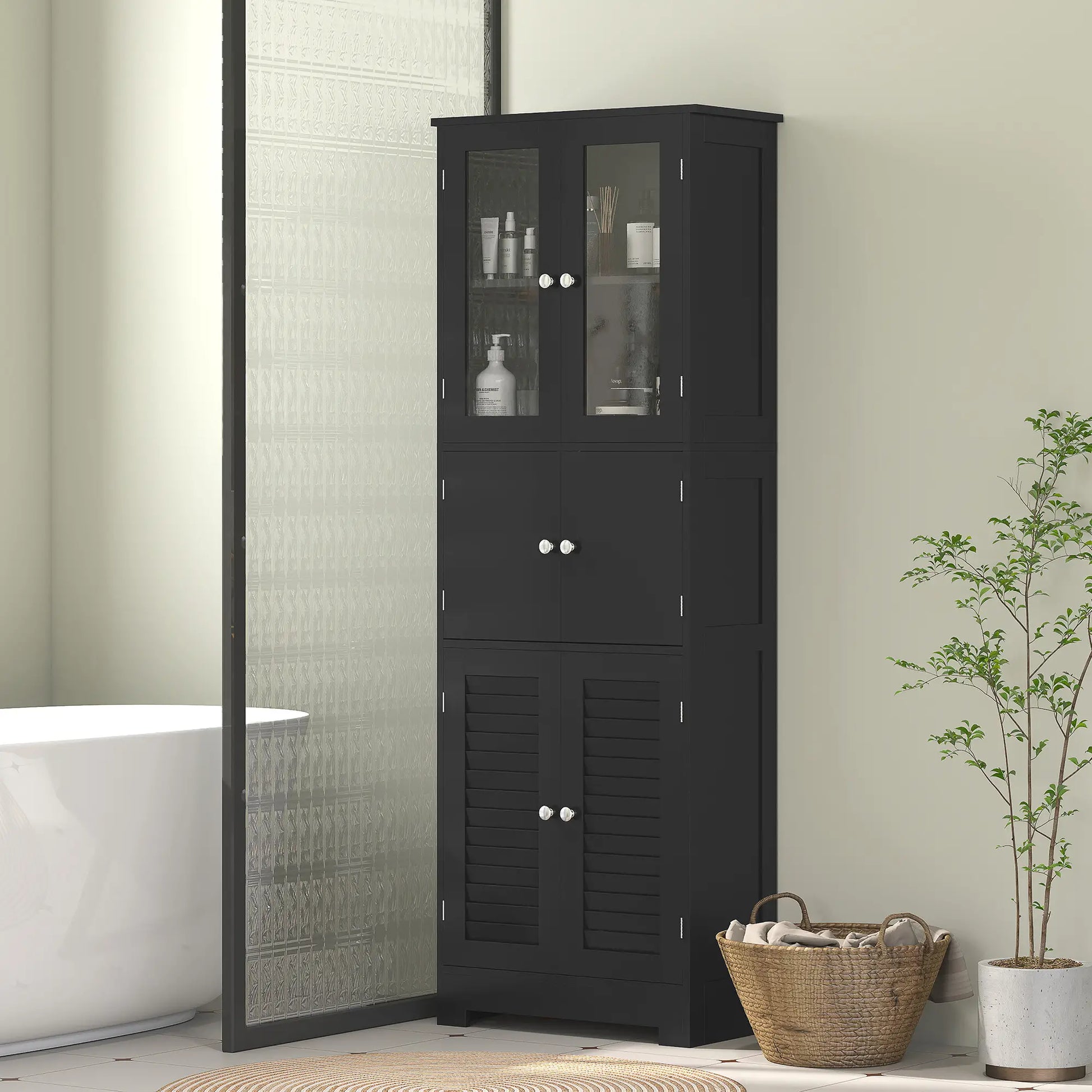 Freestanding Bathroom Cabinet, Glass Louvred Doors, Tall, Black Bathroom Cabinets at Gallery Canada