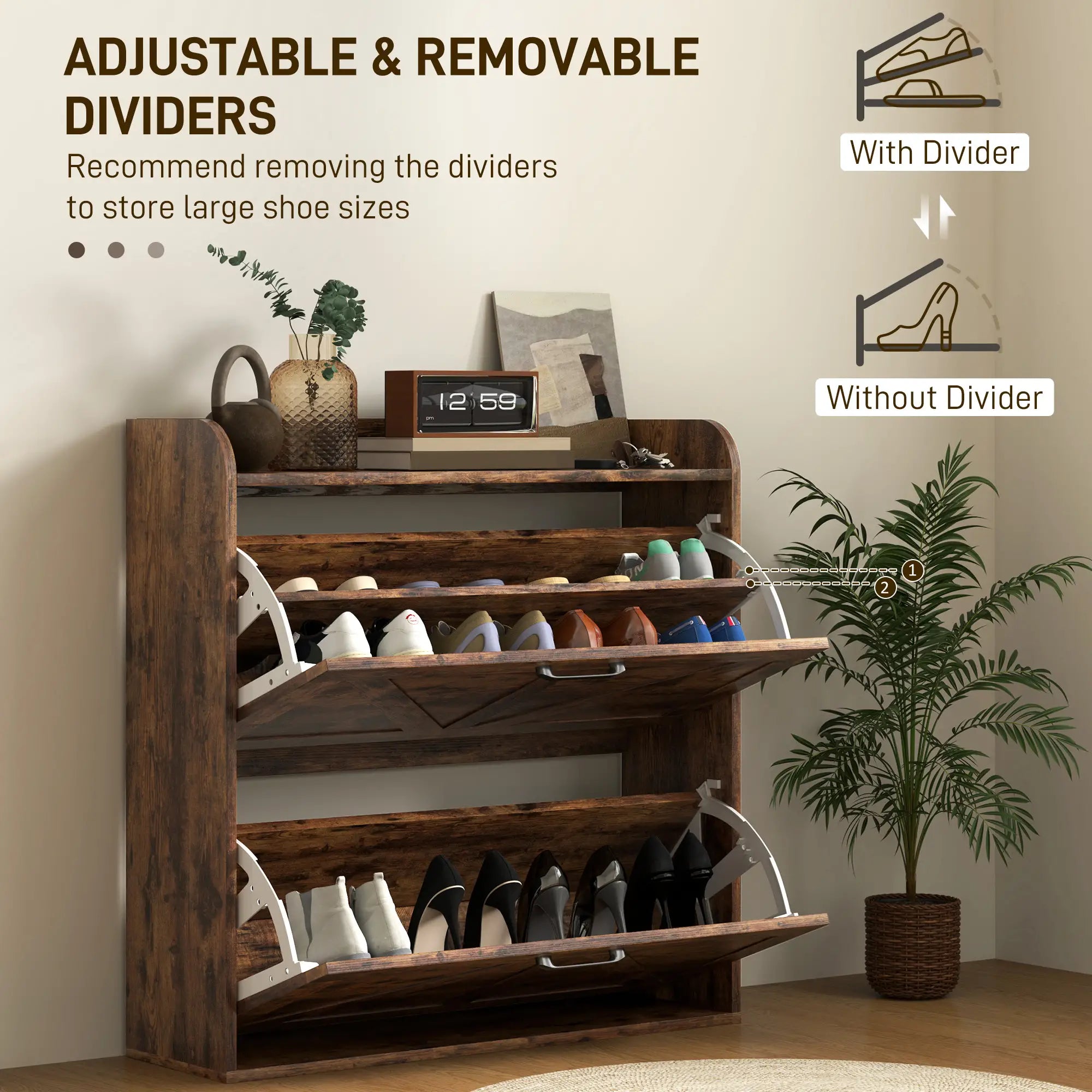 Narrow Shoe Storage Cabinet, 2 Flip Drawers, Adjustable Shelves, Rustic Brown Shoe Storage Cabinets & Racks at Gallery Canada