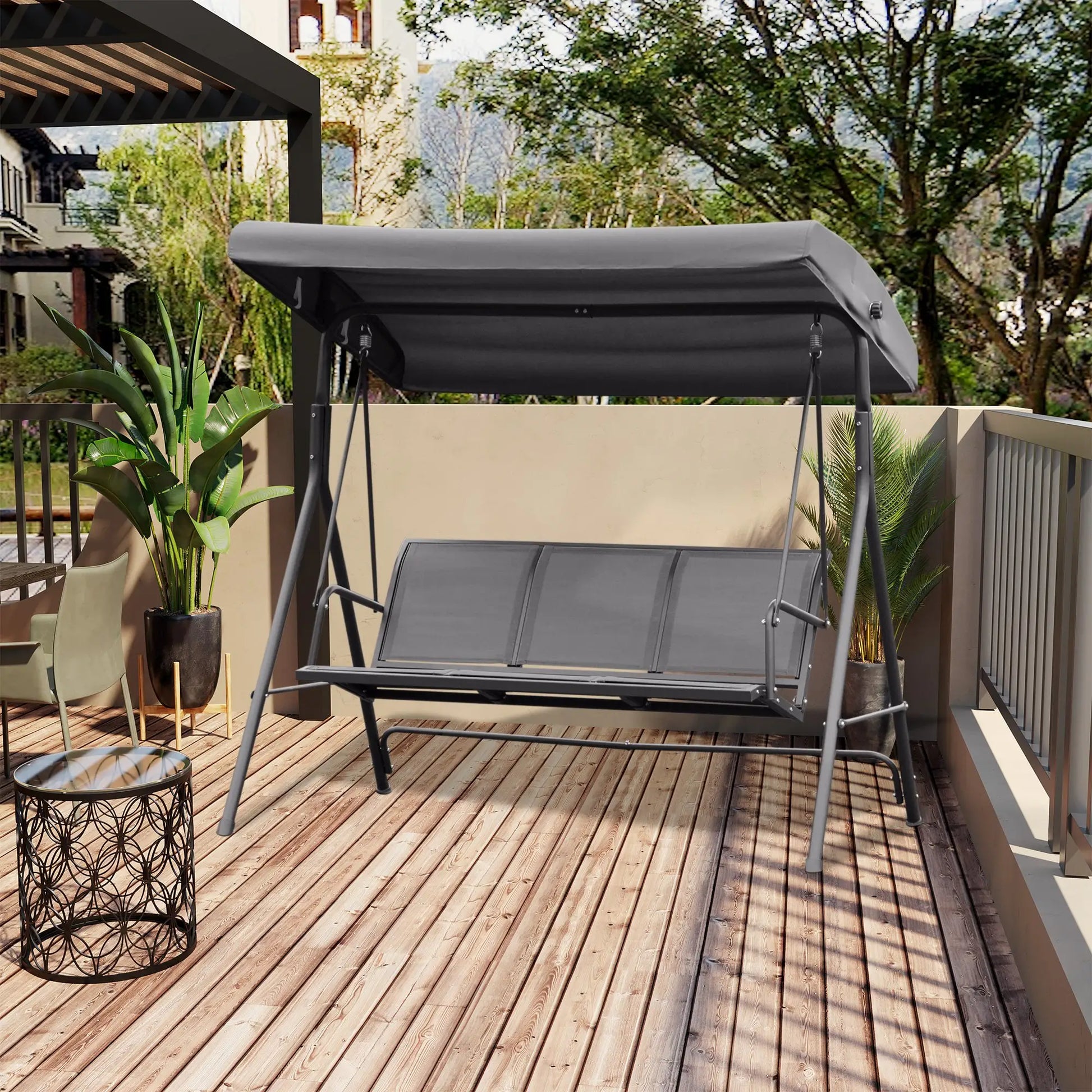 3-Seater Swing Chair, A-Frame Garden Hammock, Adjustable Canopy, Grey Patio Swings with Stand at Gallery Canada