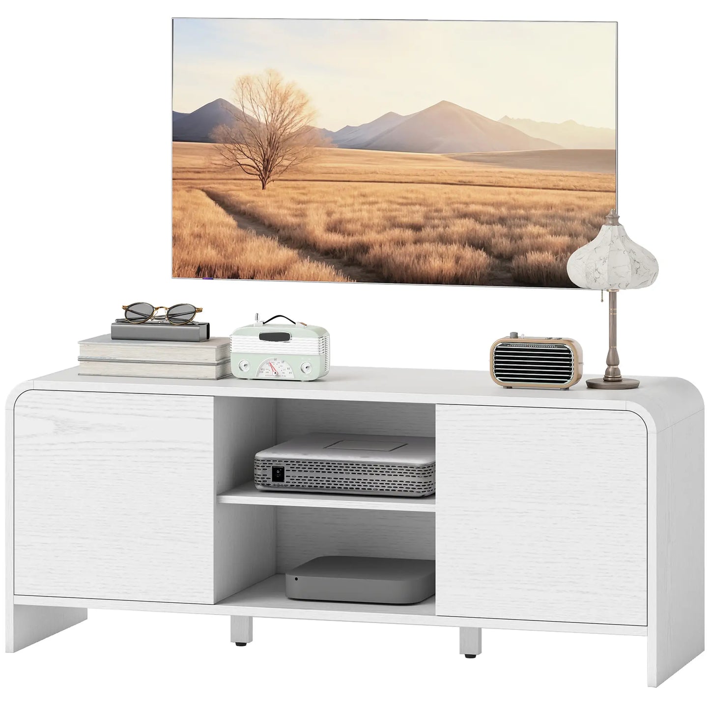 TV Stand For 55 Inch, 2 Cabinets And 2 Shelves, White TV Stands White at Gallery Canada
