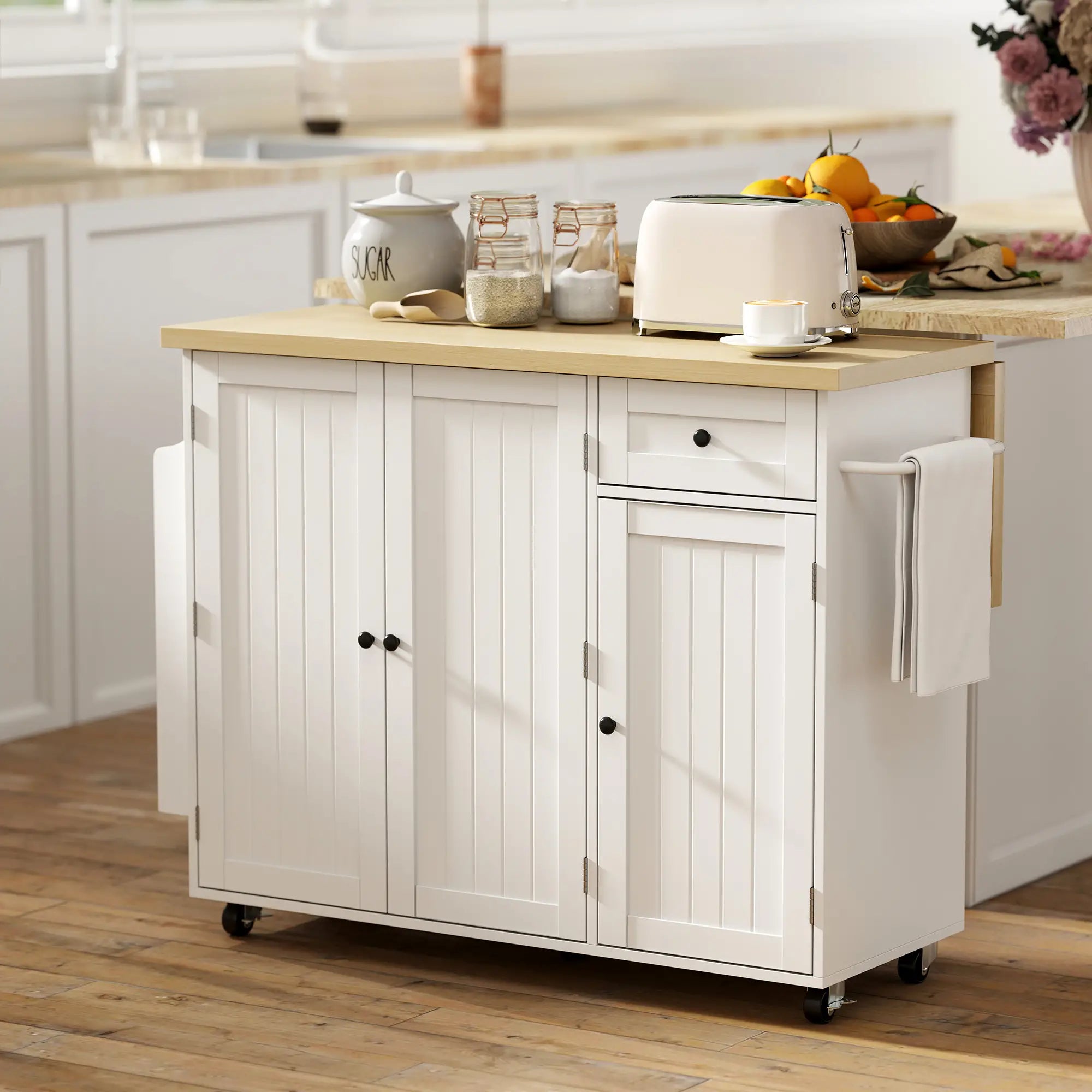 Kitchen Island Cart, Rolling Table with Drop Leaf, Drawer, Spice Rack, White Kitchen Islands & Kitchen Carts at Gallery Canada