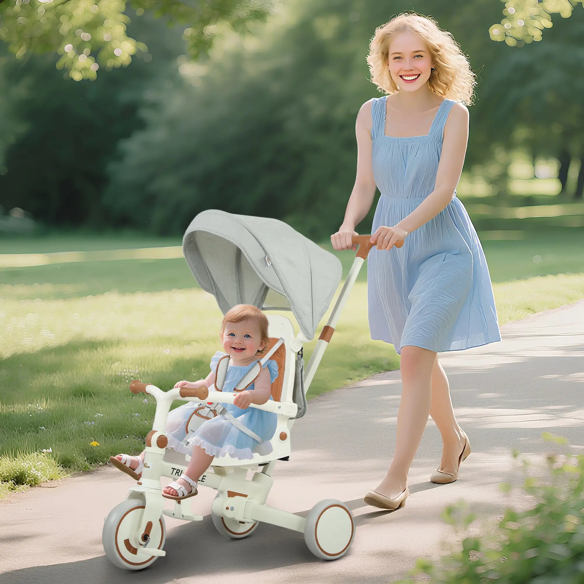 7 in 1 Toddler Tricycle, Safety Harness, Adjustable Parent Handle, Cream White Tricycles for Kids at Gallery Canada