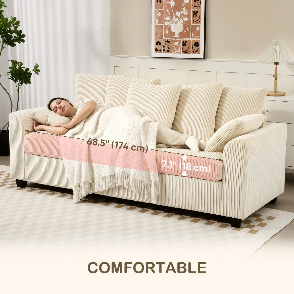 Corduroy Couch, 3 Seater Sofa, Modern with Curved Armrests, 8 Pillows, Beige 3-Seater Sofas at Gallery Canada