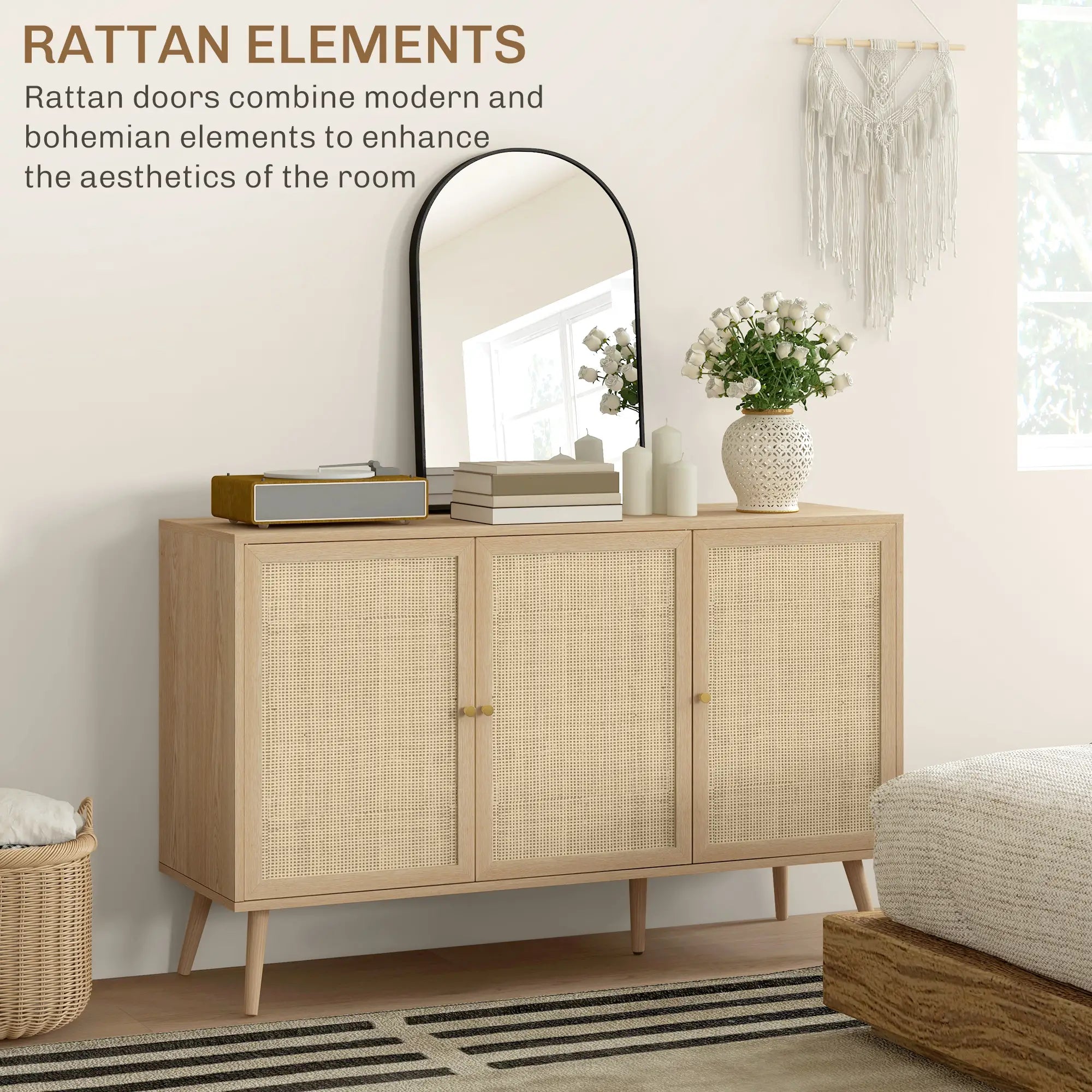 Boho Kitchen Sideboard Cabinet, Shelves, Wood Legs, Rattan Doors, Natural Storage Cabinets at Gallery Canada
